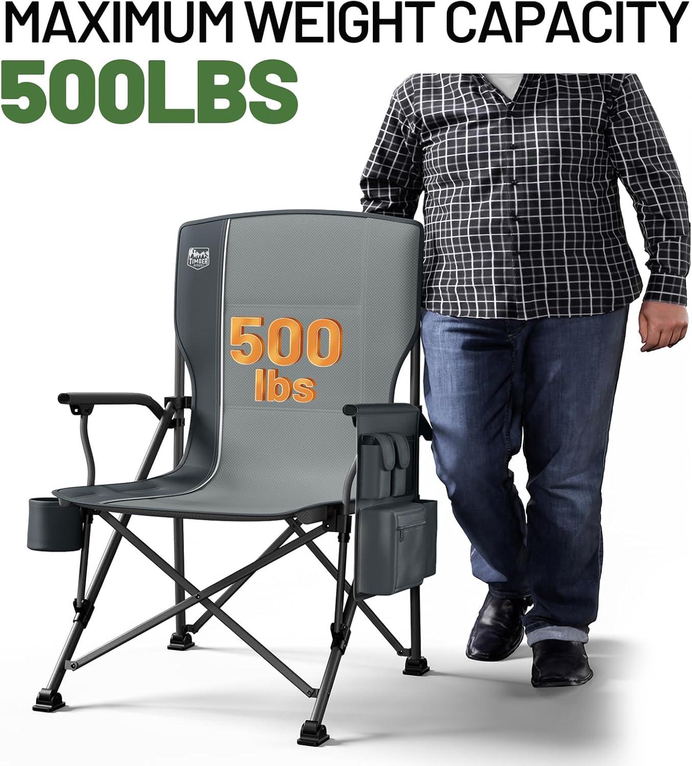 image:imageTIMBER RIDGE Oversized Folding Camping Chair High Back Heavy Duty for Adults Support up to 500lbs with Cup Holder Side Pocket Cooler BagGrey2 Set
