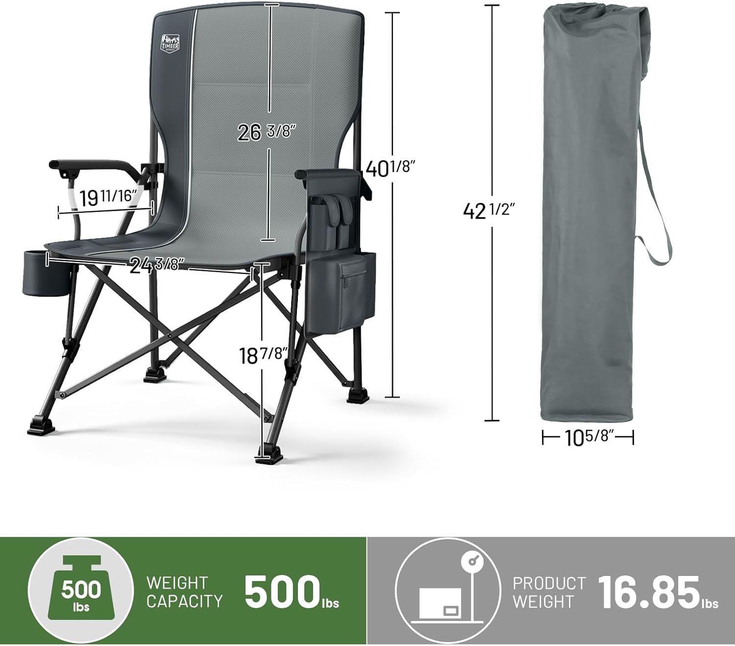 image:imageTIMBER RIDGE Oversized Folding Camping Chair High Back Heavy Duty for Adults Support up to 500lbs with Cup Holder Side Pocket Cooler BagGrey2 Set