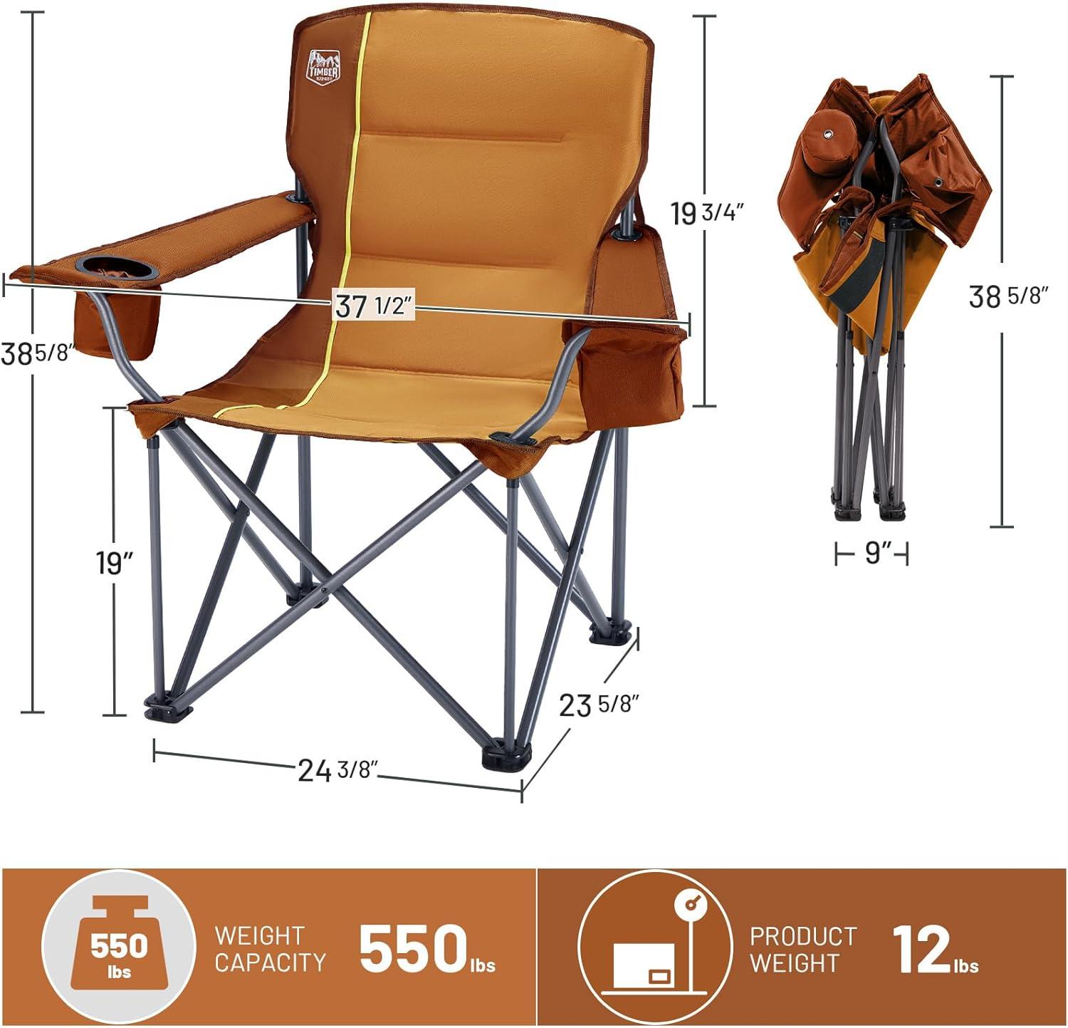 image:imageTIMBER RIDGE Oversized Folding Camping Chair for Adults Support 550 LBS Heavy Duty with Cup Holder Side Pocket for Camping Lawn Picnic GreyOrange2 Pack