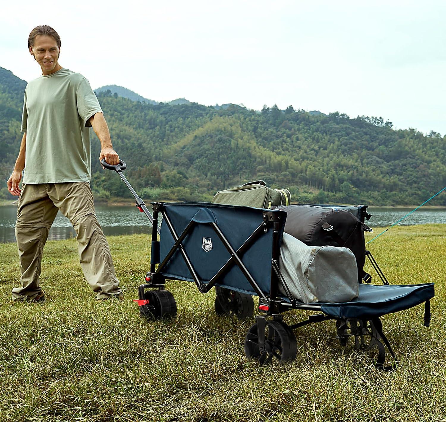 image:imageTimber Ridge 47 L Collapsible Wagon with Tailgate amp Brake 300 lbs Heavy Duty Beach Wagon with AllTerrain Big Wheels 250L Foldable Utility Cart for Sand Camping Sports Shopping BlueBlue