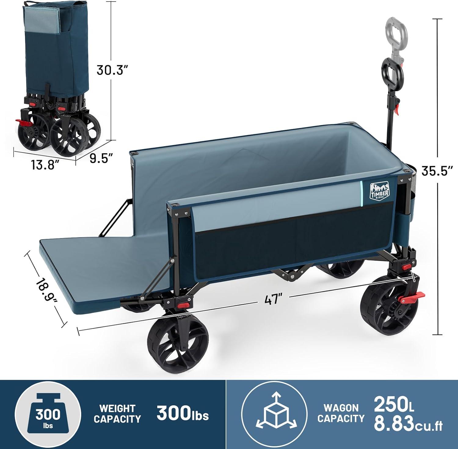 image:imageTimber Ridge 47 L Collapsible Wagon with Tailgate amp Brake 300 lbs Heavy Duty Beach Wagon with AllTerrain Big Wheels 250L Foldable Utility Cart for Sand Camping Sports Shopping BlueBlue
