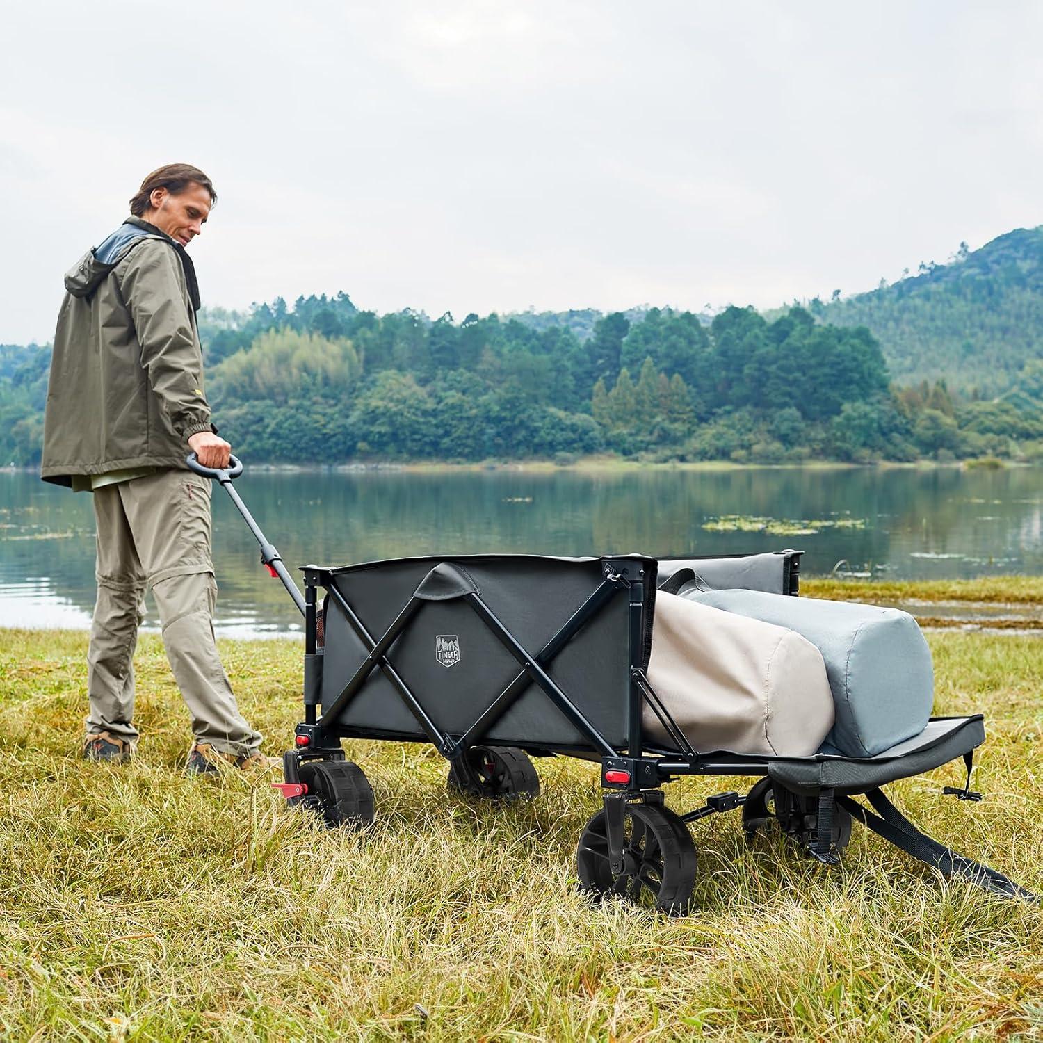 image:imageTimber Ridge 47 L Collapsible Wagon with Tailgate amp Brake 300 lbs Heavy Duty Beach Wagon with AllTerrain Big Wheels 250L Foldable Utility Cart for Sand Camping Sports Shopping BlueGray
