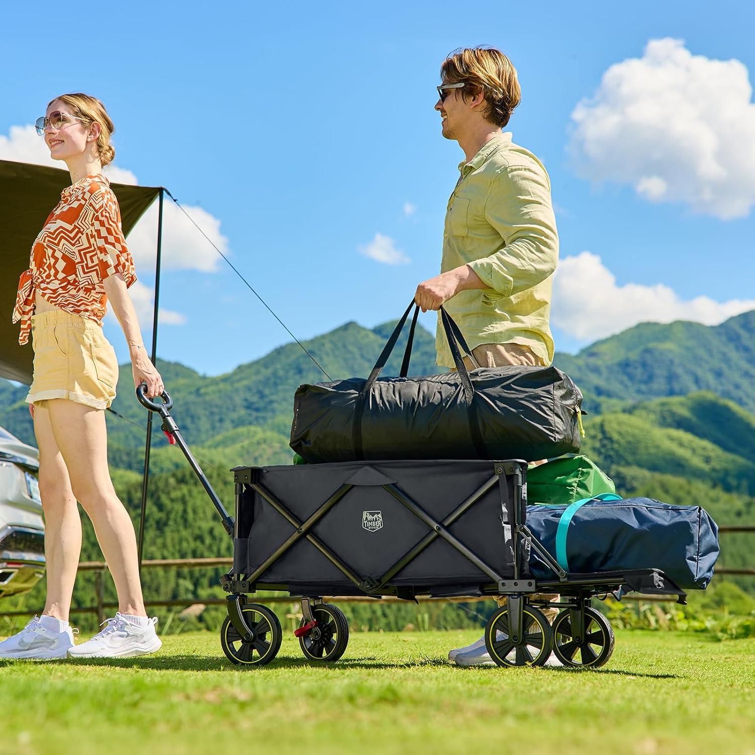 image:imageTimber Ridge 49 Extra Long Collapsible Folding Wagon with Tailgate and Brakes 300lbs Heavy Duty Foldable Wagon with Adjustable Handle 250L Capacity Portable Cart for Outdoor Camping Sports GreenGray