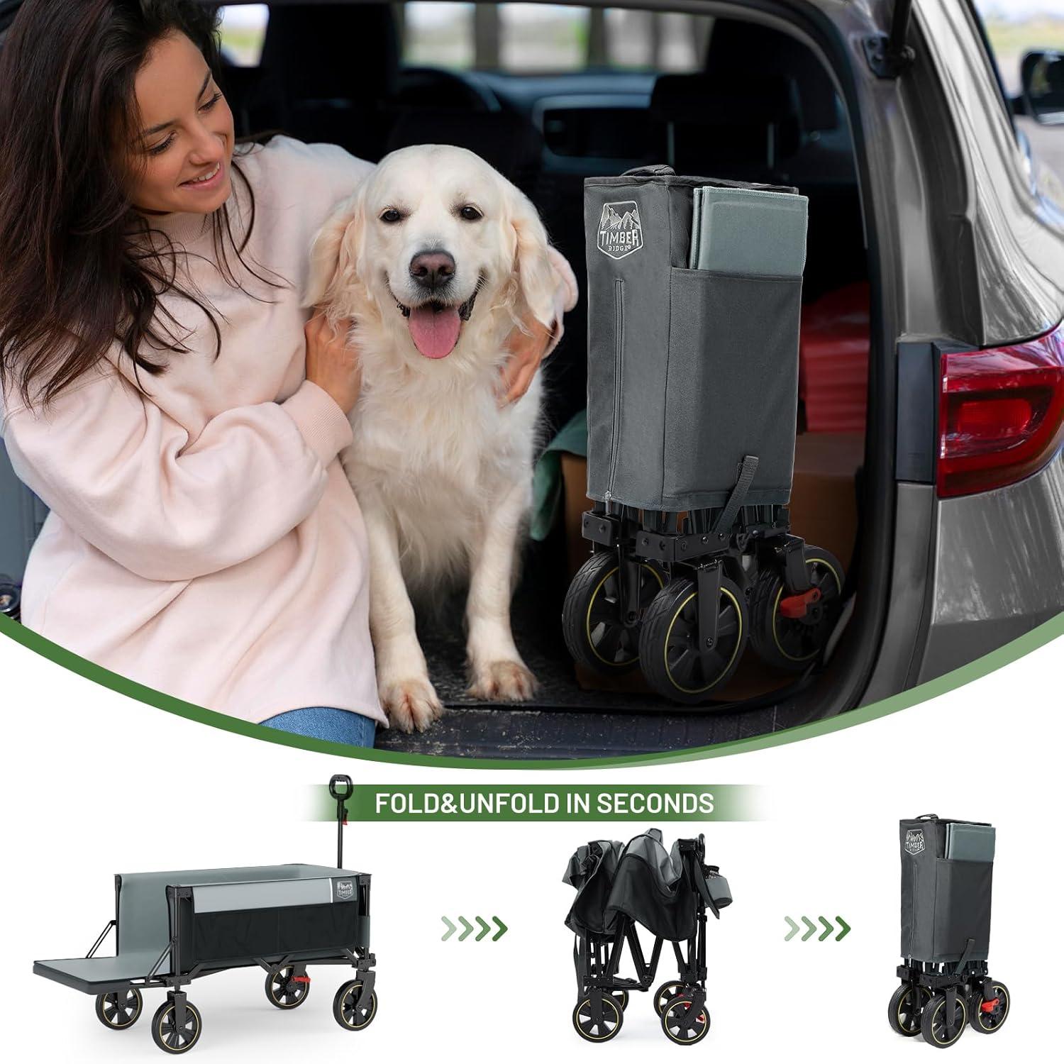 image:imageTimber Ridge 49 Extra Long Collapsible Folding Wagon with Tailgate and Brakes 300lbs Heavy Duty Foldable Wagon with Adjustable Handle 250L Capacity Portable Cart for Outdoor Camping Sports GreenGray
