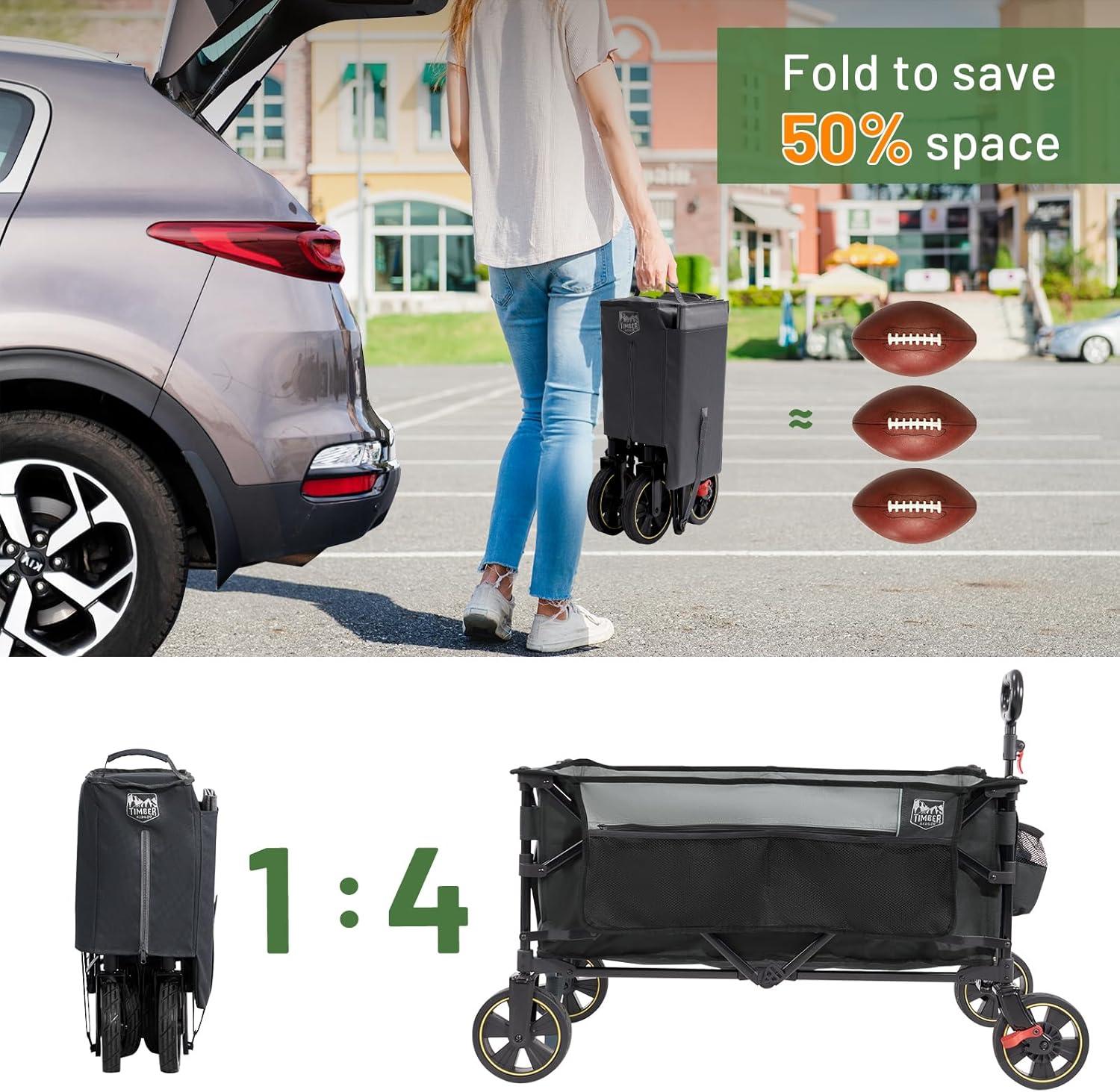 image:imageTimber Ridge 49 Extra Long Collapsible Folding Wagon with Tailgate and Brakes 300lbs Heavy Duty Foldable Wagon with Adjustable Handle 250L Capacity Portable Cart for Outdoor Camping Sports GreenGray