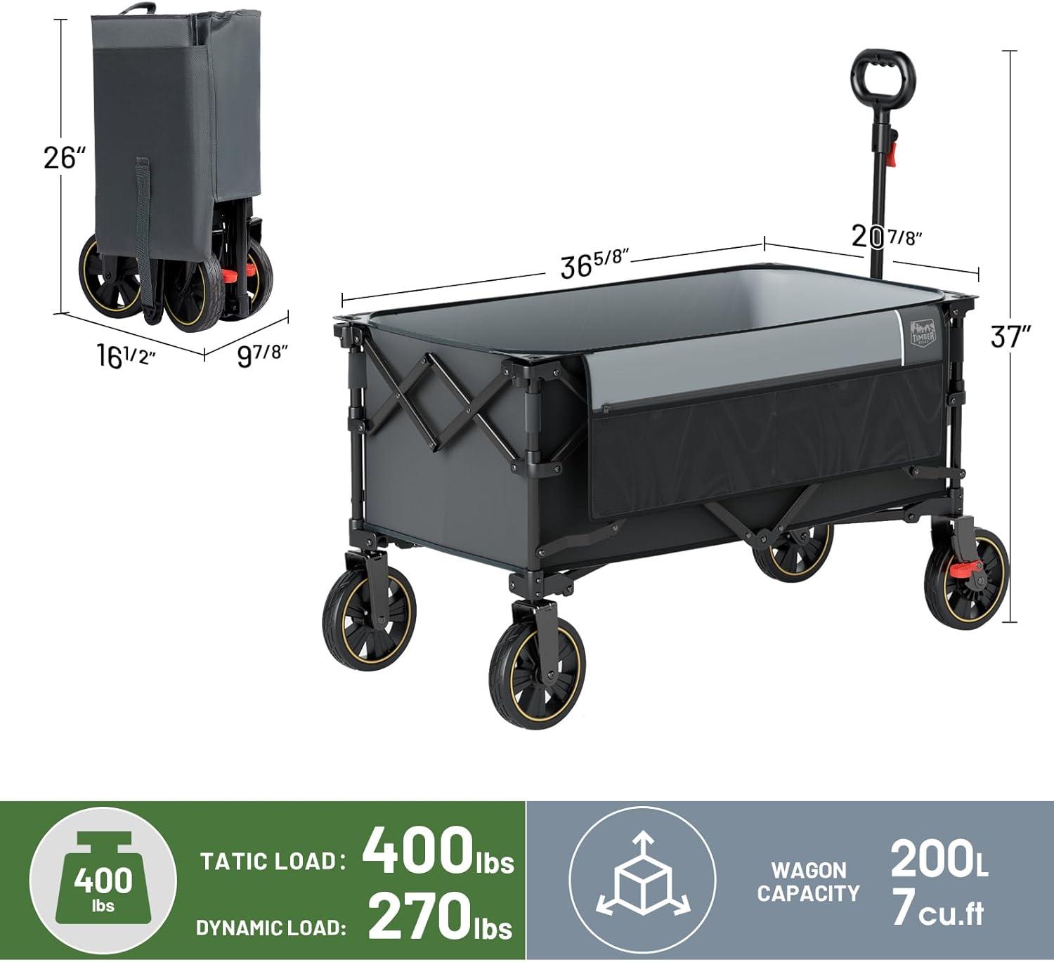 image:imageTimber Ridge 49 Extra Long Collapsible Folding Wagon with Tailgate and Brakes 300lbs Heavy Duty Foldable Wagon with Adjustable Handle 250L Capacity Portable Cart for Outdoor Camping Sports GreenGray