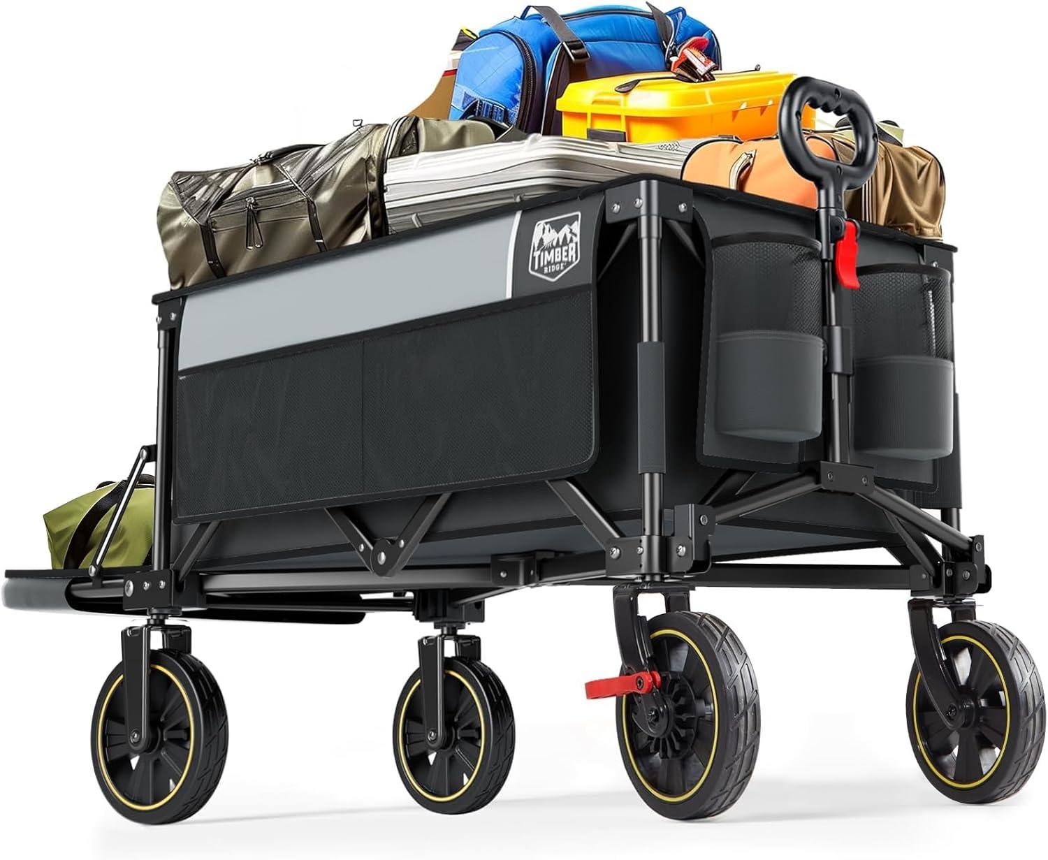 image:imageTimber Ridge 49 Extra Long Collapsible Folding Wagon with Tailgate and Brakes 300lbs Heavy Duty Foldable Wagon with Adjustable Handle 250L Capacity Portable Cart for Outdoor Camping Sports GreenGray