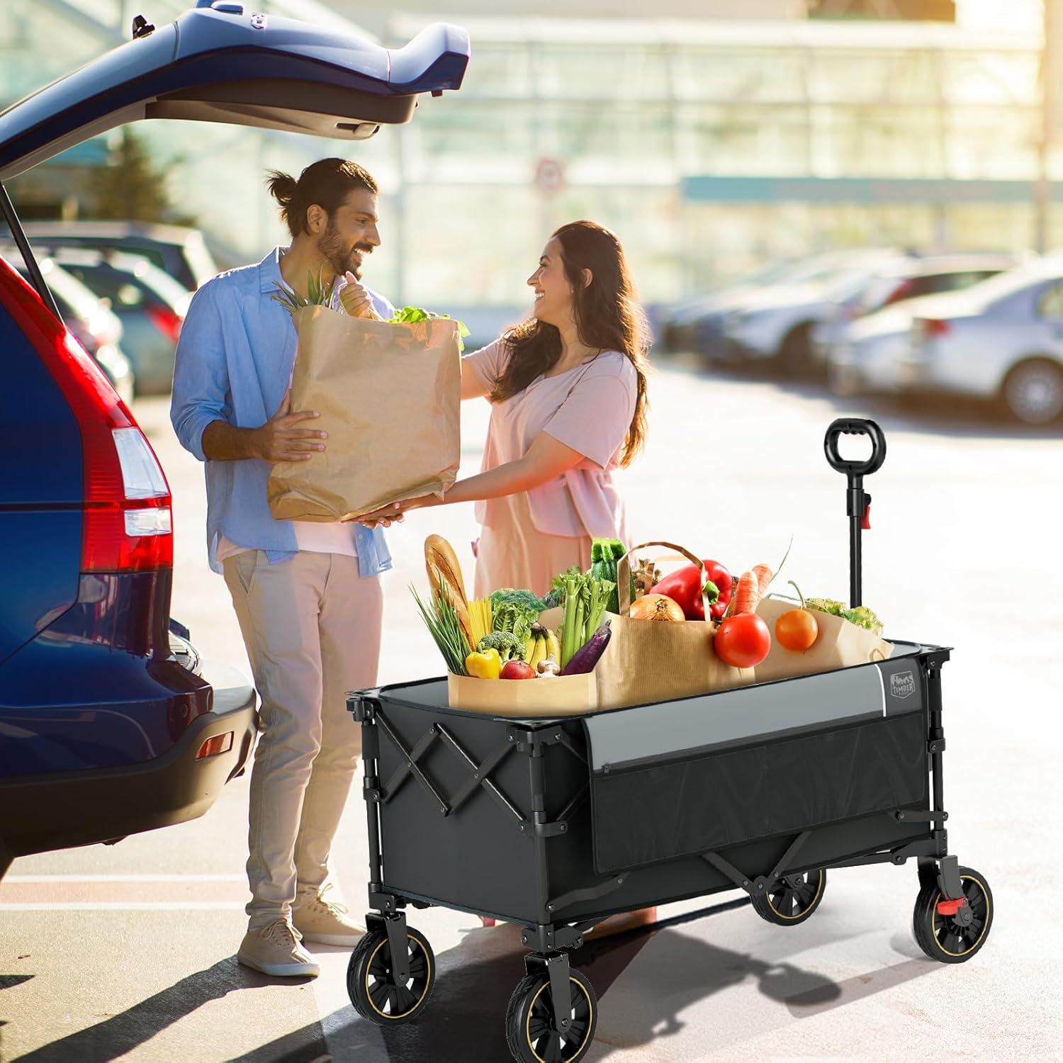 image:imageTimber Ridge 49 Extra Long Collapsible Folding Wagon with Tailgate and Brakes 300lbs Heavy Duty Foldable Wagon with Adjustable Handle 250L Capacity Portable Cart for Outdoor Camping Sports GreenGray