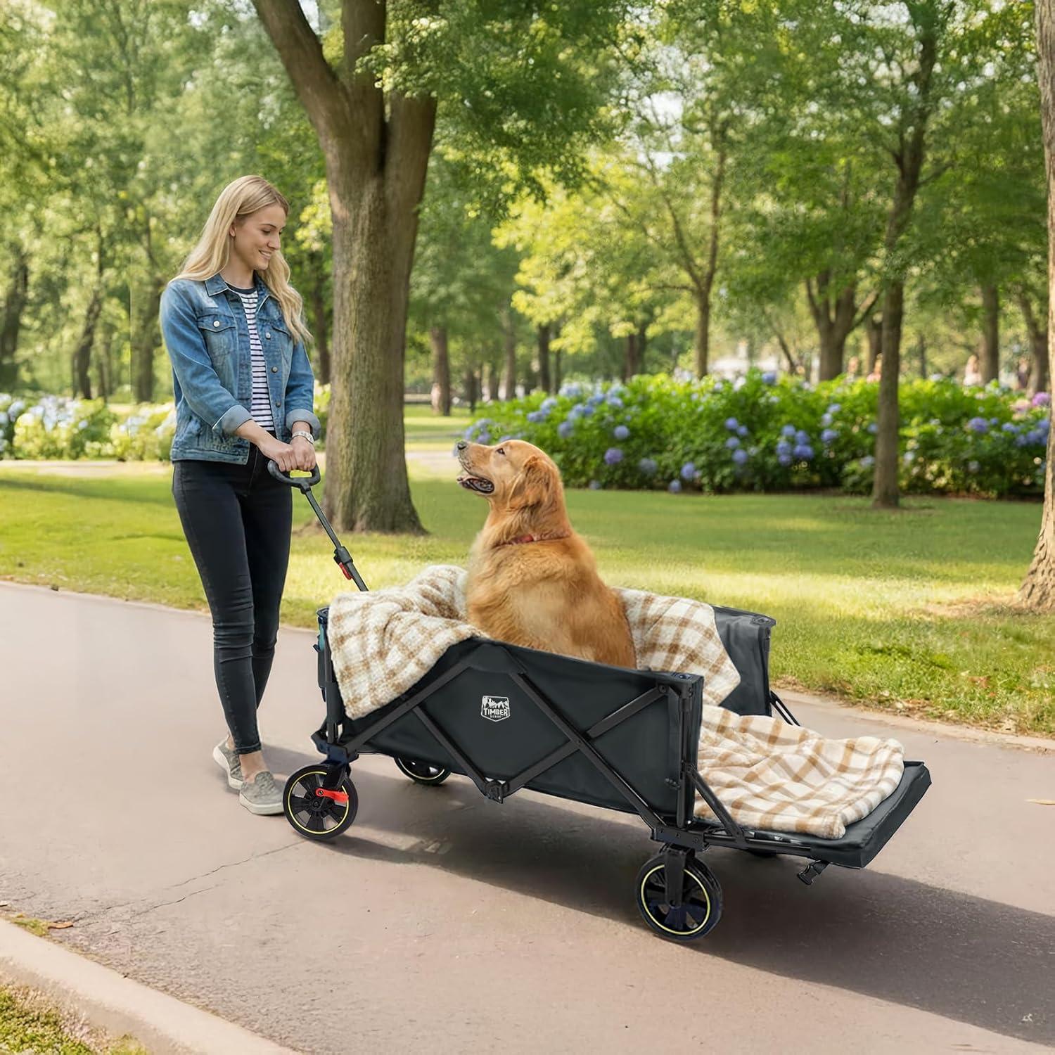 image:imageTimber Ridge 49 Extra Long Collapsible Folding Wagon with Tailgate and Brakes 300lbs Heavy Duty Foldable Wagon with Adjustable Handle 250L Capacity Portable Cart for Outdoor Camping Sports GreenGray