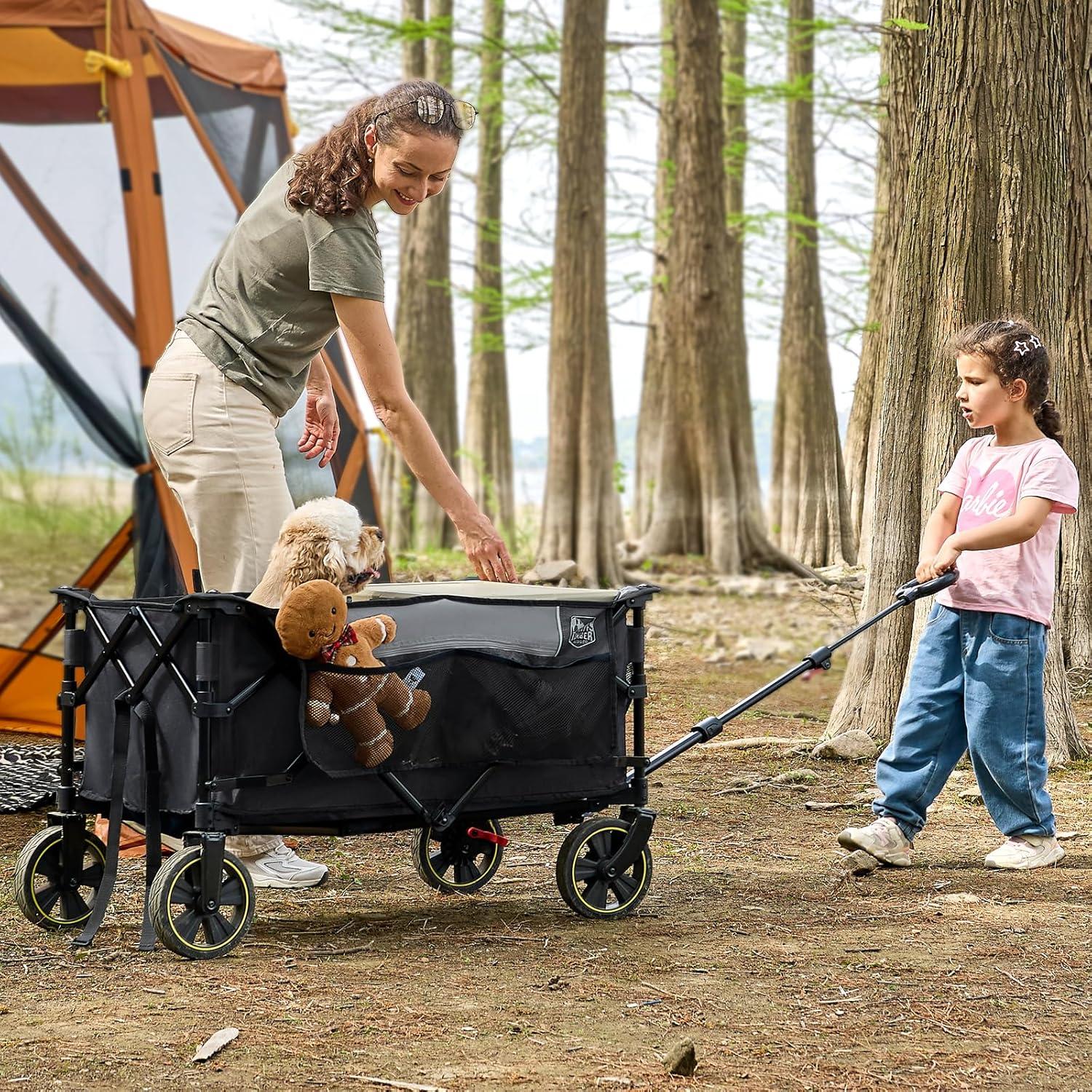 image:imageTimber Ridge 49 Extra Long Collapsible Folding Wagon with Tailgate and Brakes 300lbs Heavy Duty Foldable Wagon with Adjustable Handle 250L Capacity Portable Cart for Outdoor Camping Sports GreenGray