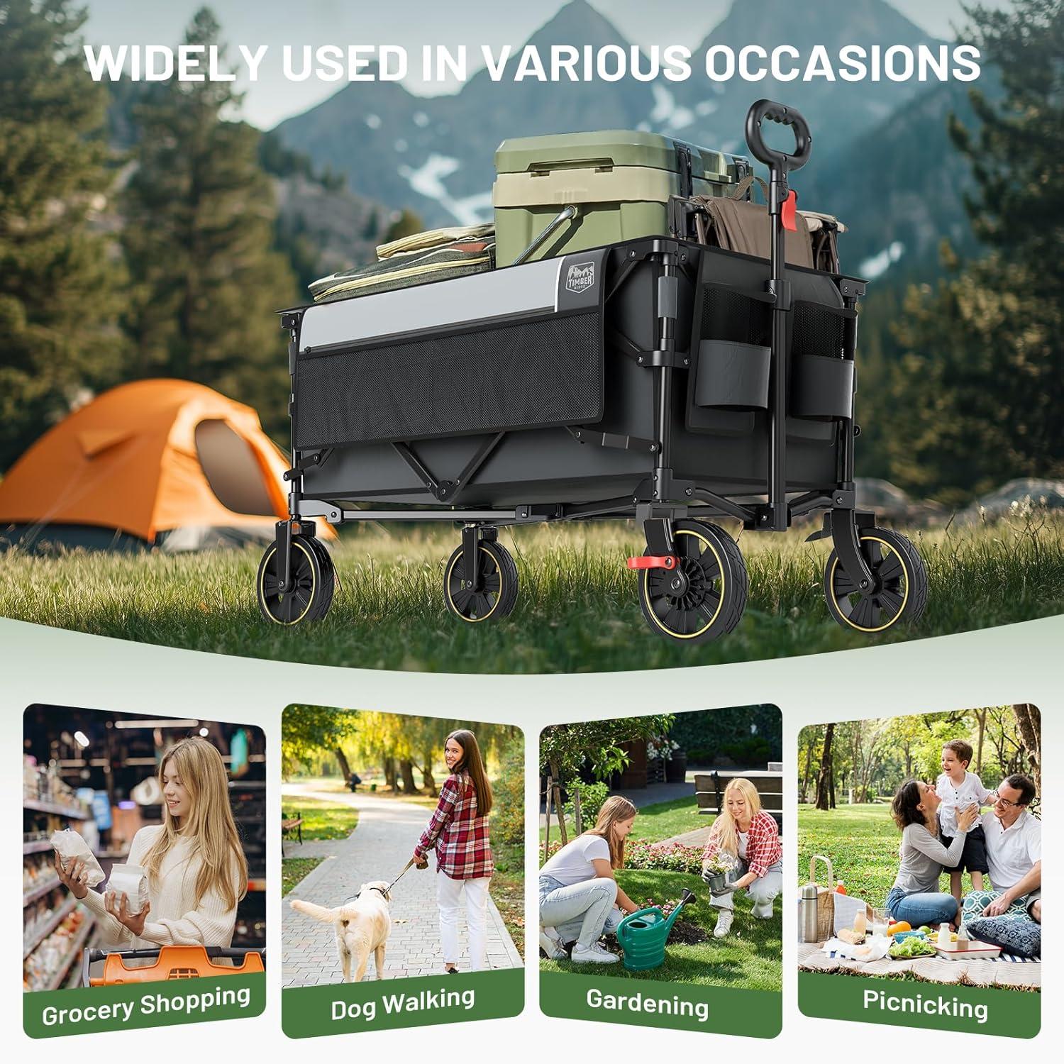 image:imageTimber Ridge 49 Extra Long Collapsible Folding Wagon with Tailgate and Brakes 300lbs Heavy Duty Foldable Wagon with Adjustable Handle 250L Capacity Portable Cart for Outdoor Camping Sports GreenGray