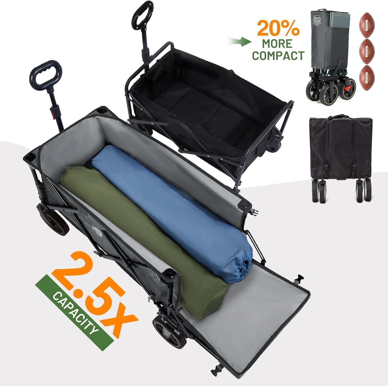 image:imageTimber Ridge 49 Extra Long Collapsible Folding Wagon with Tailgate and Brakes 300lbs Heavy Duty Foldable Wagon with Adjustable Handle 250L Capacity Portable Cart for Outdoor Camping Sports GreenGray