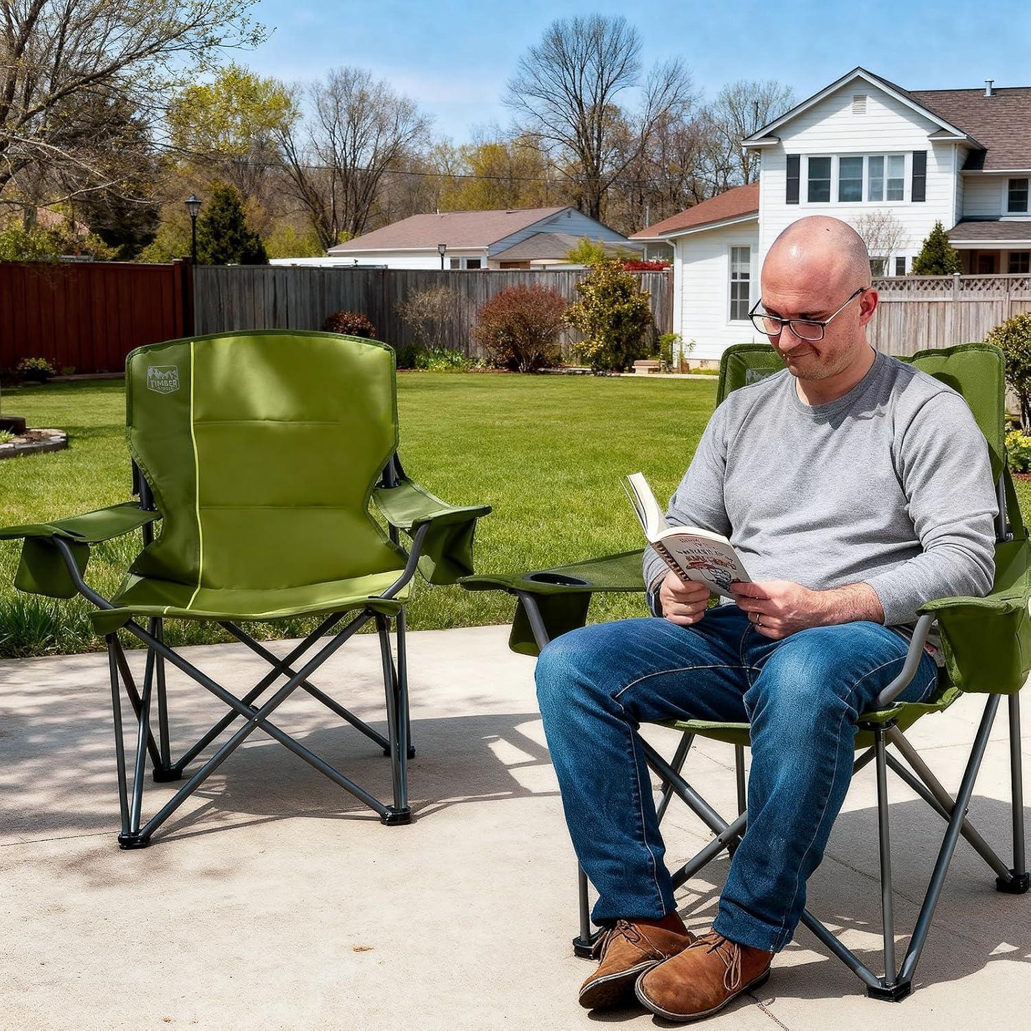 image:imageTimber Ridge 550 LBS Oversized Folding Camping Chair for Adults Heavy Duty Outdoor Chair with Cup Holder Side Pocket for Camp Lawn Picnic NavyUpgradeGreen