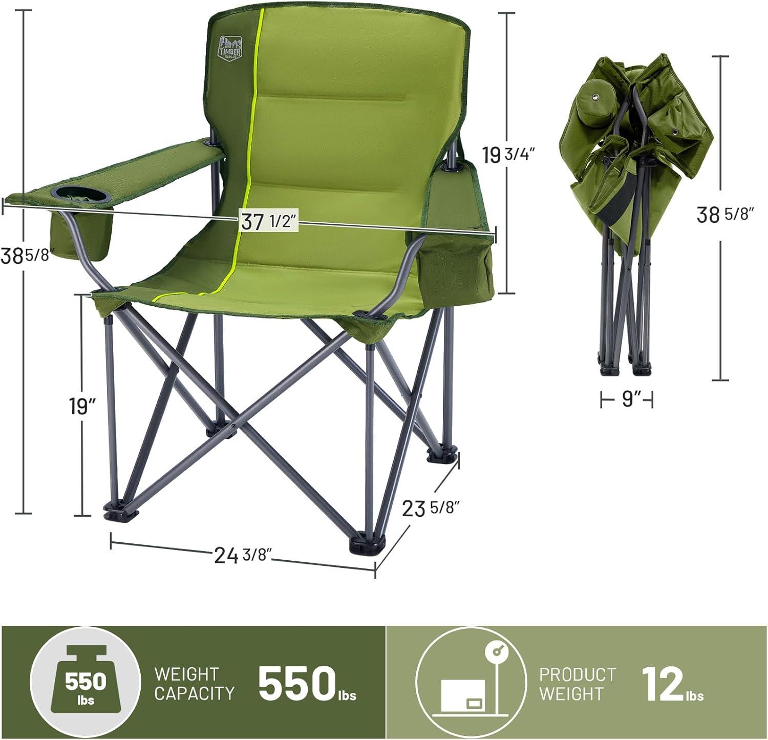 image:imageTimber Ridge 550 LBS Oversized Folding Camping Chair for Adults Heavy Duty Outdoor Chair with Cup Holder Side Pocket for Camp Lawn Picnic NavyUpgradeGreen