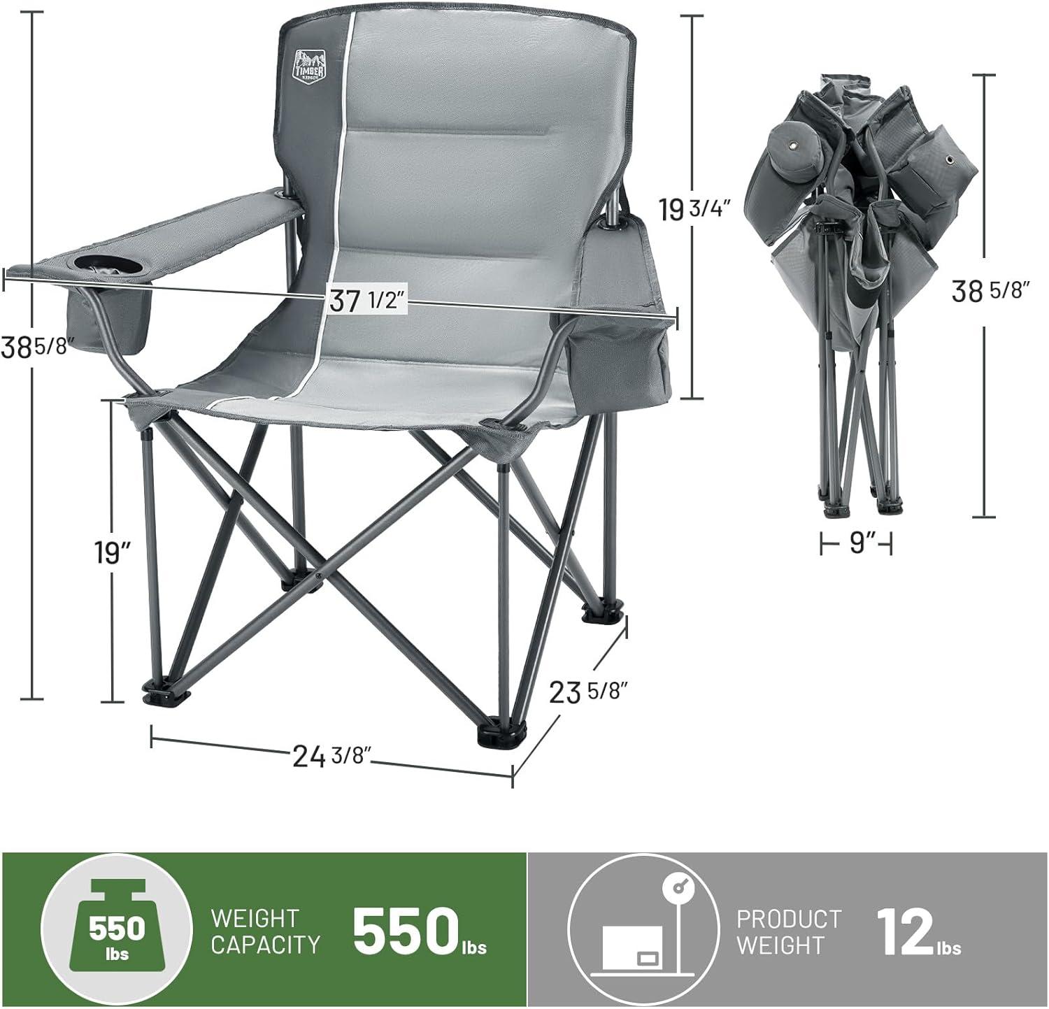 image:imageTimber Ridge 550 LBS Oversized Folding Camping Chair for Adults Heavy Duty Outdoor Chair with Cup Holder Side Pocket for Camp Lawn Picnic NavyUpgradeGrey