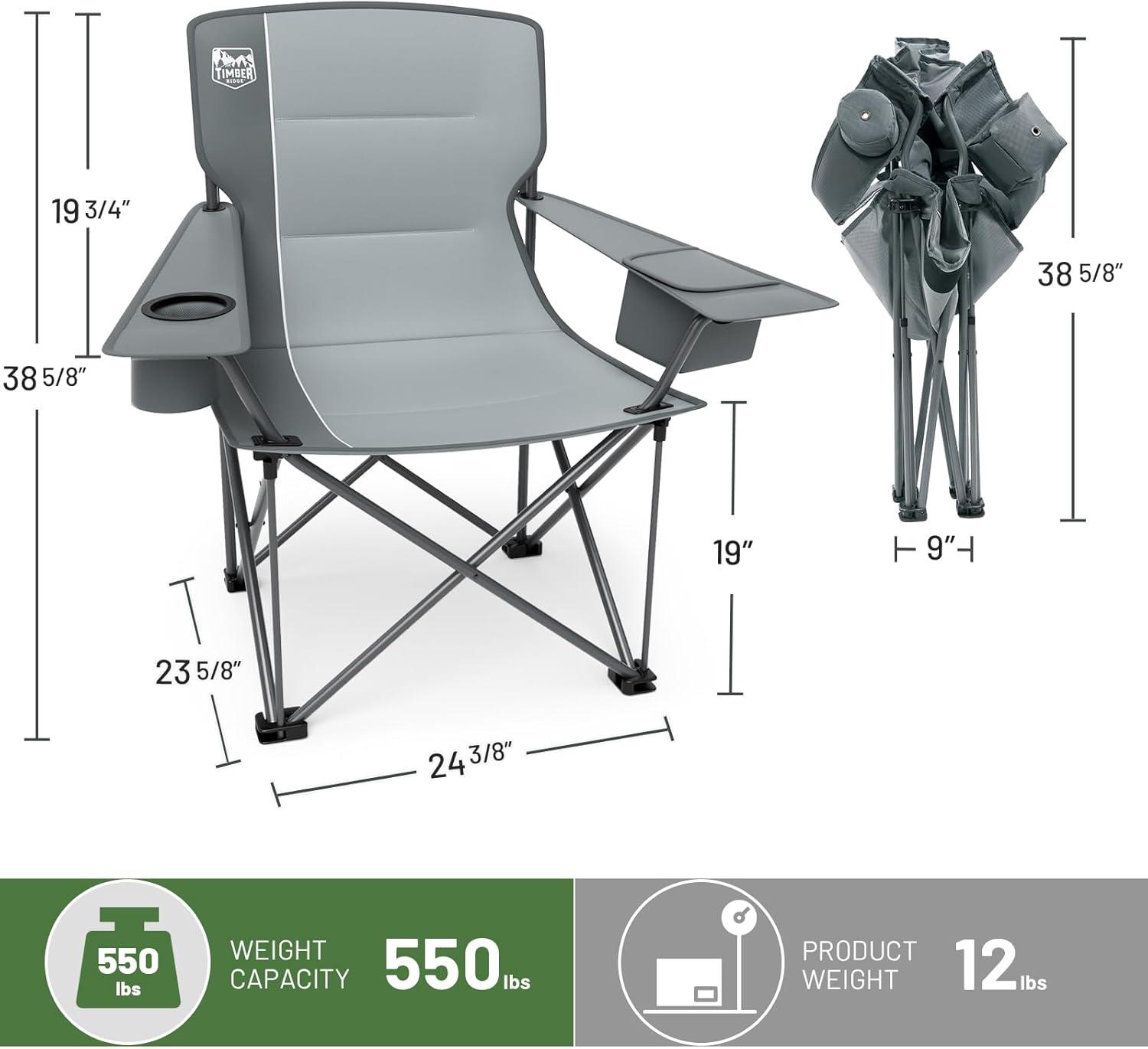 image:imageTimber Ridge 550 LBS Oversized Folding Camping Chair for Adults Heavy Duty Outdoor Chair with Cup Holder Side Pocket for Camp Lawn Picnic NavyUpgradeGrey2 Pack