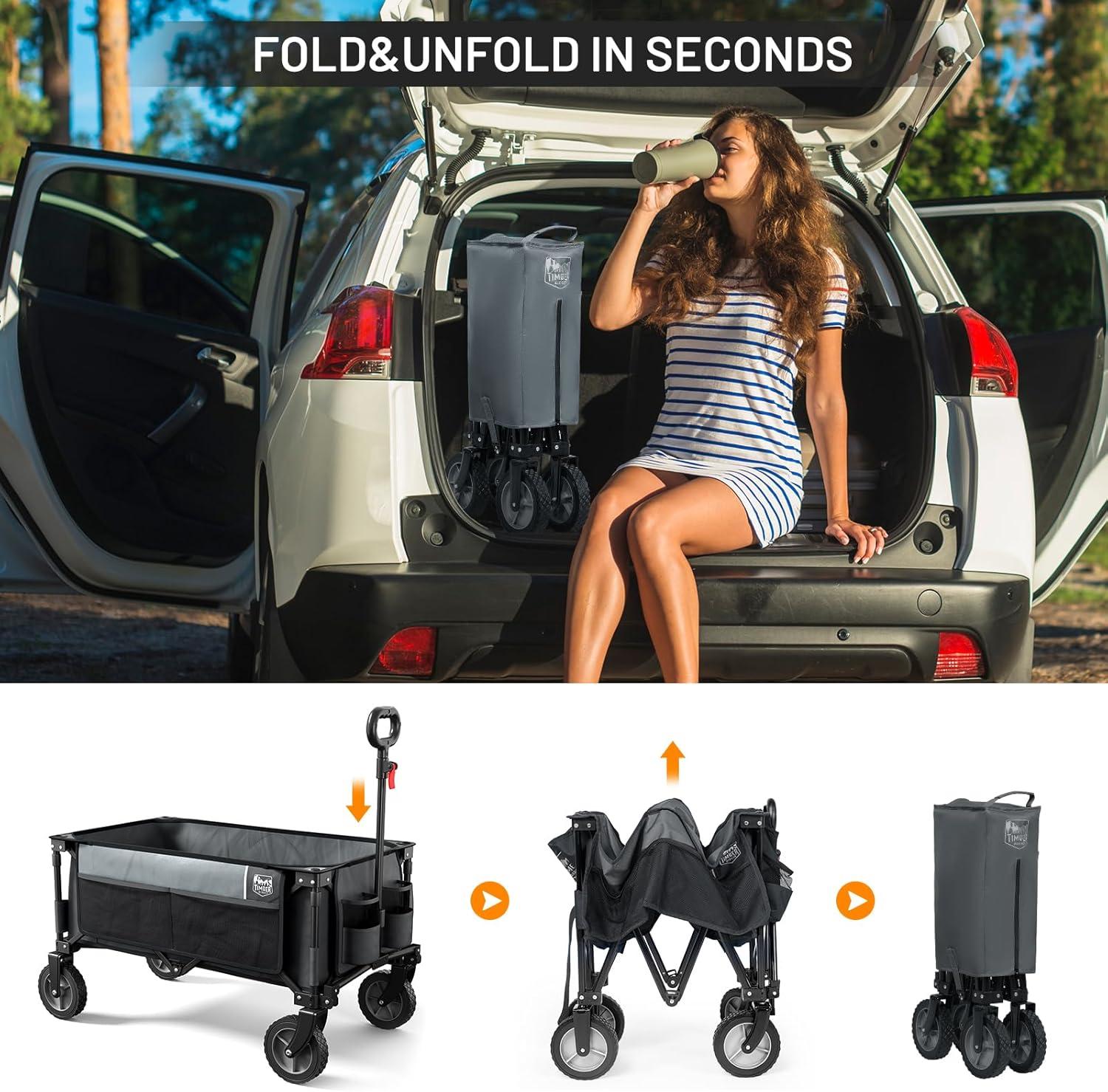 image:imageTimber Ridge Collapsible Outdoor Folding Wagon Cart Heavy Duty Camping Patio Shopping Garden Cart with Side Bag Cup Holder GreyGray