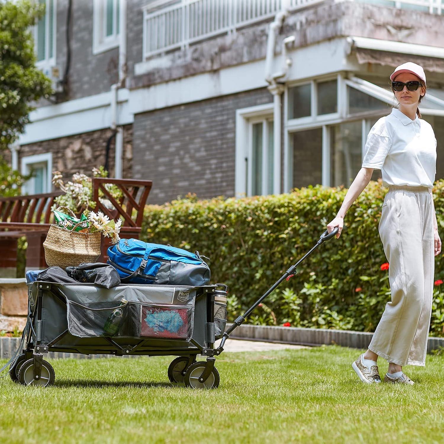image:imageTimber Ridge Collapsible Outdoor Folding Wagon Cart Heavy Duty Camping Patio Shopping Garden Cart with Side Bag Cup Holder GreyGray