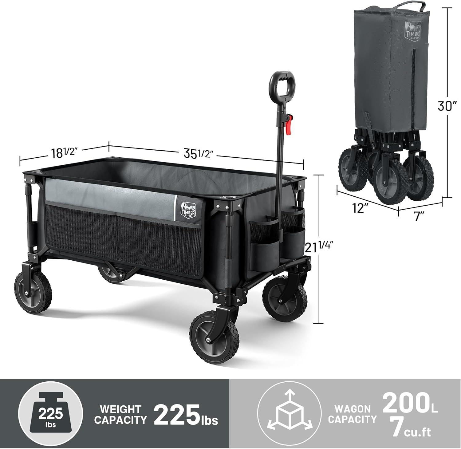 image:imageTimber Ridge Collapsible Outdoor Folding Wagon Cart Heavy Duty Camping Patio Shopping Garden Cart with Side Bag Cup Holder GreyGray