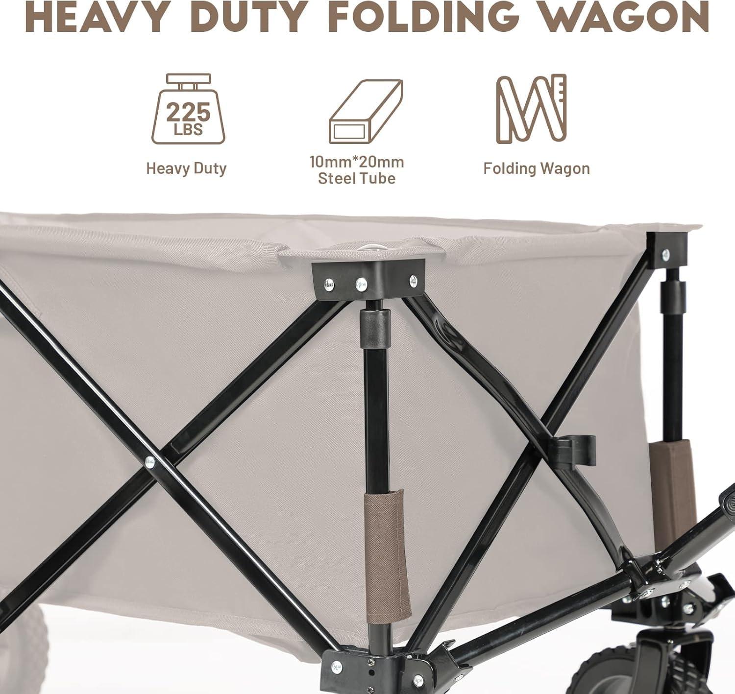 image:imageTimber Ridge Collapsible Outdoor Folding Wagon Cart Heavy Duty Camping Patio Shopping Garden Cart with Side Bag Cup Holder GreyTan