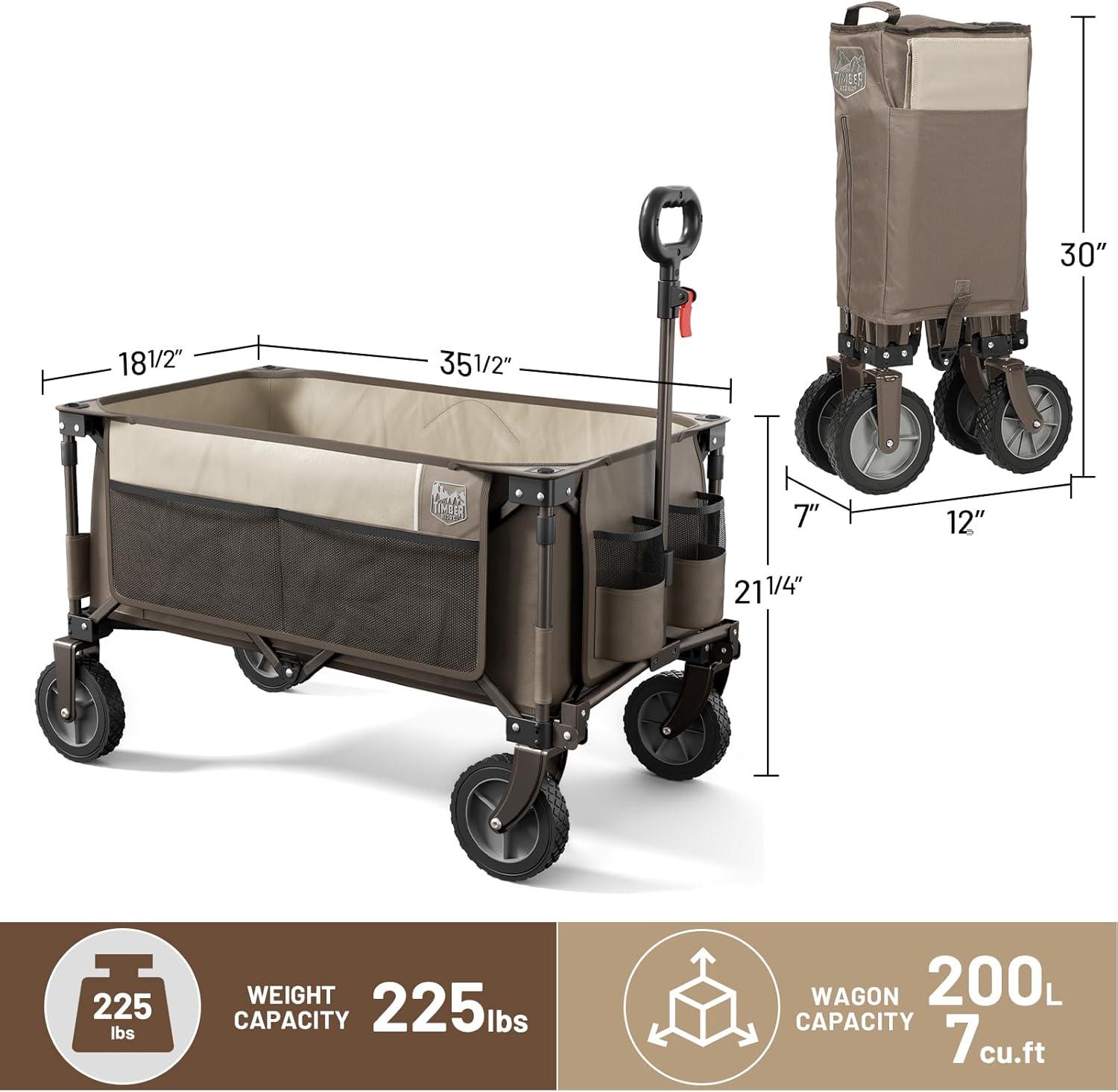 image:imageTimber Ridge Collapsible Outdoor Folding Wagon Cart Heavy Duty Camping Patio Shopping Garden Cart with Side Bag Cup Holder GreyTan