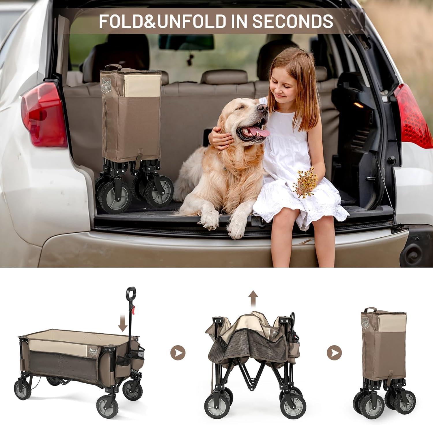 image:imageTimber Ridge Collapsible Outdoor Folding Wagon Cart Heavy Duty Camping Patio Shopping Garden Cart with Side Bag Cup Holder GreyTan