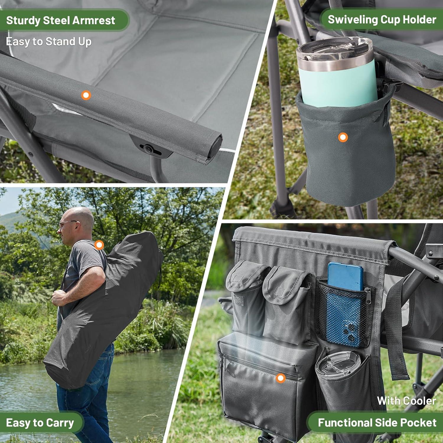 image:imageTimber Ridge Oversized Folding Camping Chair with Lumbar Support Adjustable High Back Heavy Duty for Adults Support up to 500lbs with Cup Holder Cooler Bag Side Pocket BlueLumbar Support Grey2 Set
