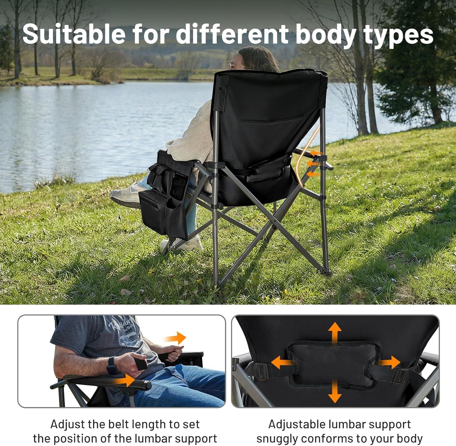 image:imageTimber Ridge Oversized Folding Camping Chair with Lumbar Support Adjustable High Back Heavy Duty for Adults Support up to 500lbs with Cup Holder Cooler Bag Side Pocket BlueAluminum Lumbar Support Black