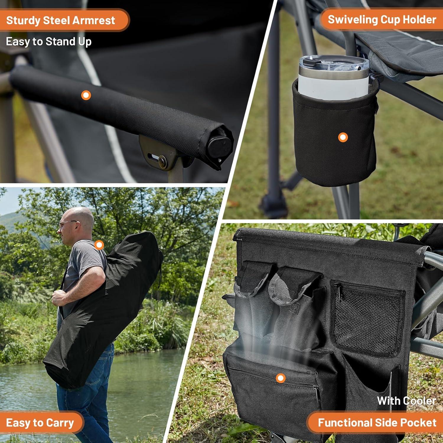 image:imageTimber Ridge Oversized Folding Camping Chair with Lumbar Support Adjustable High Back Heavy Duty for Adults Support up to 500lbs with Cup Holder Cooler Bag Side Pocket BlueAluminum Lumbar Support Black2 Set