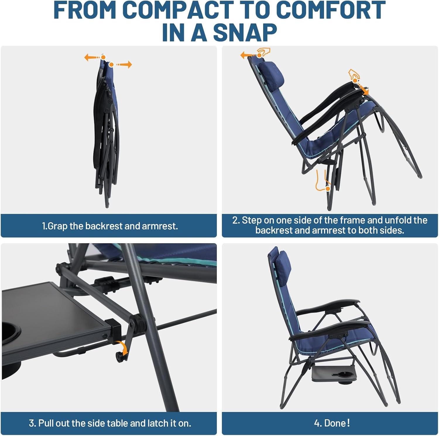 image:imageTimber Ridge Oversized Zero Gravity Chair 33In Wide XXL Zero Gravity Reclining Chair with Side Table Full Padded Lounge Chair for Outdoor Camping Patio Lawn Heavy Duty Supports 500lbs Grey1 PackBlue1 Pack