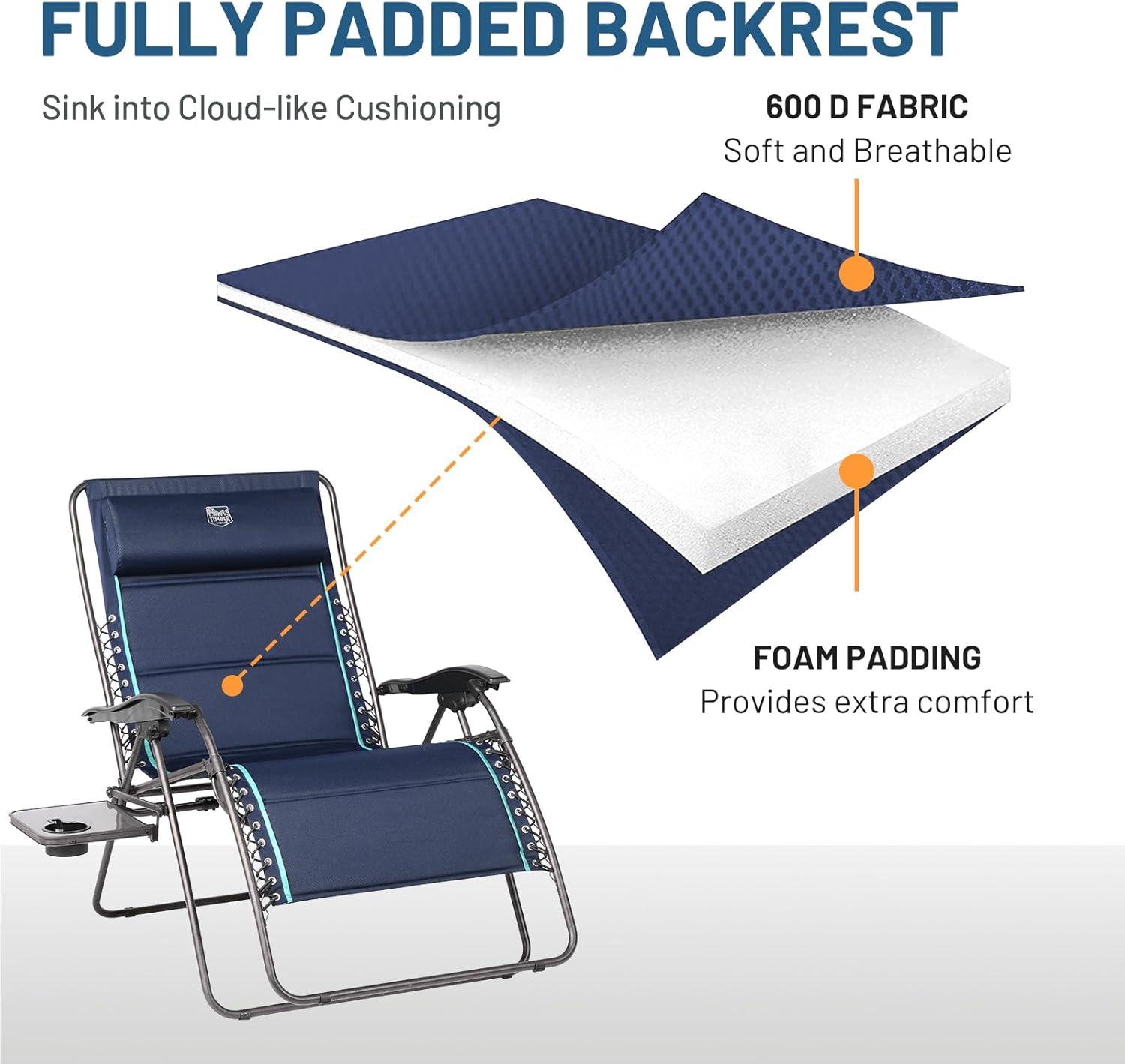image:imageTimber Ridge Oversized Zero Gravity Chair 33In Wide XXL Zero Gravity Reclining Chair with Side Table Full Padded Lounge Chair for Outdoor Camping Patio Lawn Heavy Duty Supports 500lbs Grey1 PackBlue2 Pack