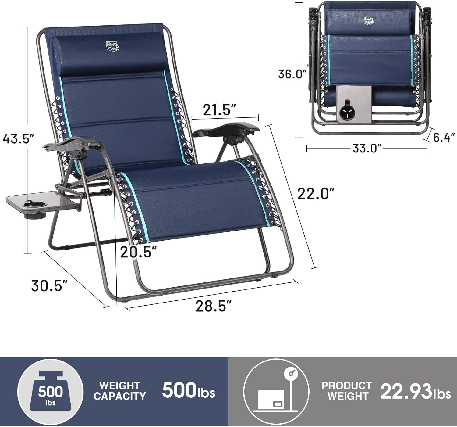 image:imageTimber Ridge Oversized Zero Gravity Chair 33In Wide XXL Zero Gravity Reclining Chair with Side Table Full Padded Lounge Chair for Outdoor Camping Patio Lawn Heavy Duty Supports 500lbs Grey1 PackBlue2 Pack