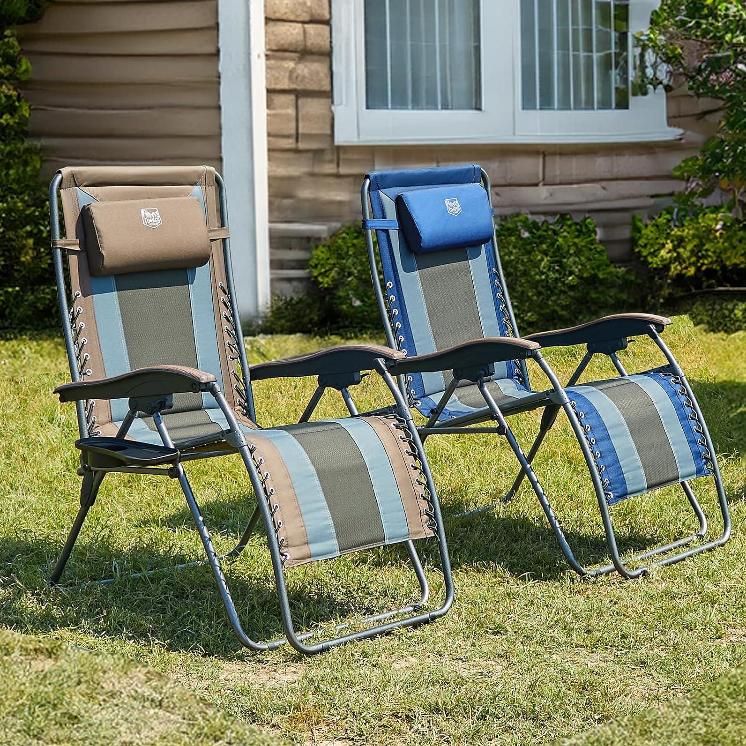 image:imageTimber Ridge Oversized Zero Gravity Chair Padded Reclining Lounge Chair with Adjustable Headrest amp Cup Holder Heavy Duty Support 350 lbs Foldable for Camping Lawn Outdoor amp IndoorBlue2 Pack