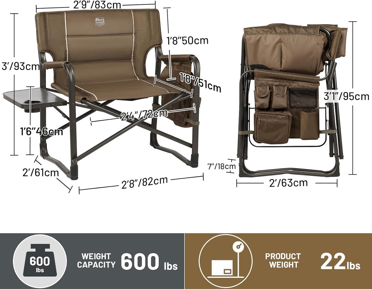 image:imageTimber Ridge XXL Upgraded Oversized Directors Chairs with Foldable Side Table Detachable Side Pocket Heavy Duty Folding Camping Chair up to 600 Lbs Weight Capacity Blue Ideal GiftBrown2 Pack