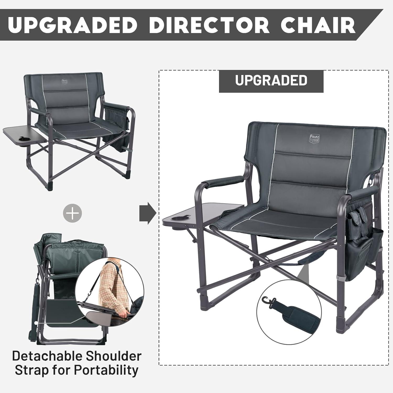 image:imageTimber Ridge XXL Upgraded Oversized Directors Chairs with Foldable Side Table Detachable Side Pocket Heavy Duty Folding Camping Chair up to 600 Lbs Weight Capacity Blue Ideal GiftDark Grey2 Pack