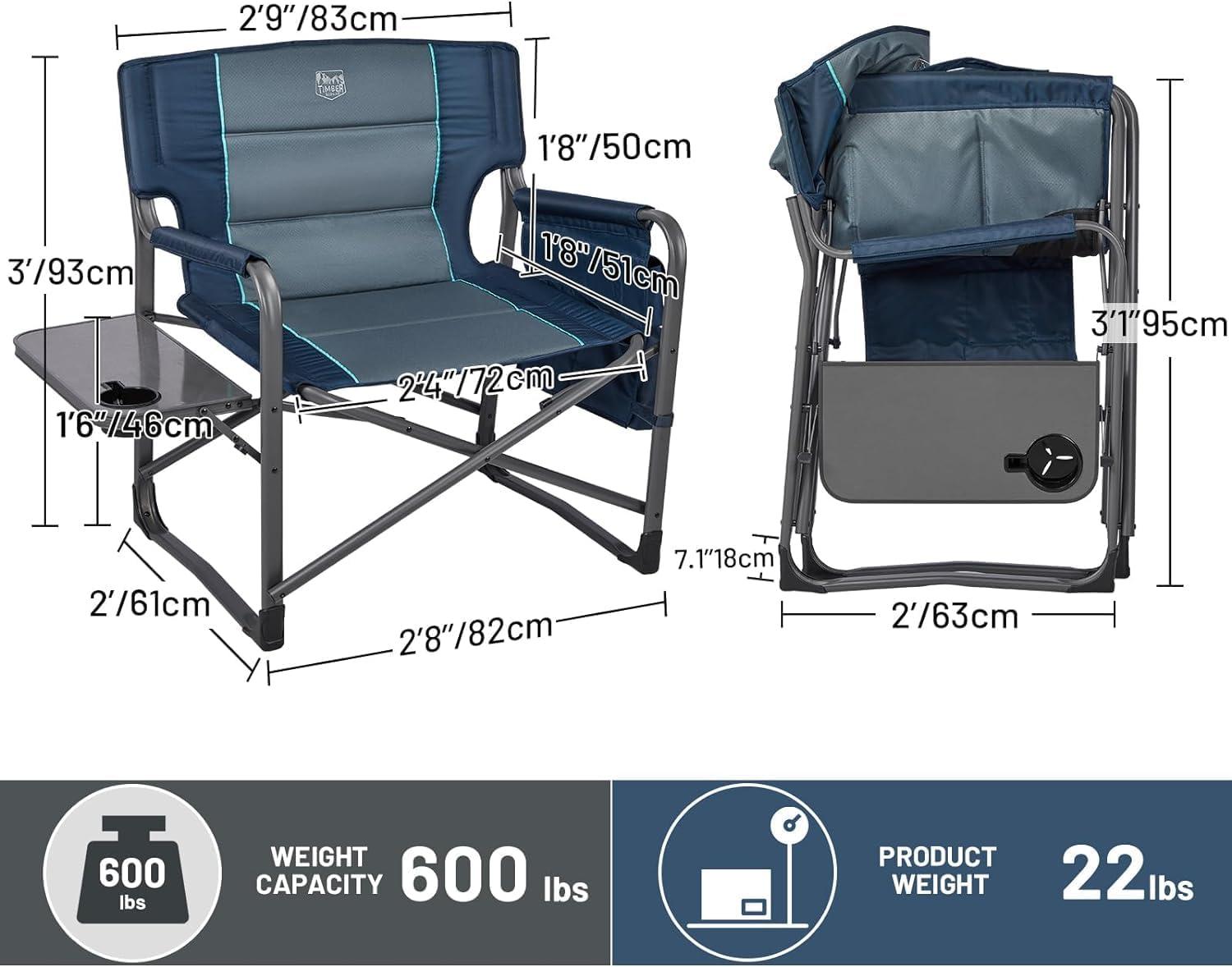 image:imageTimber Ridge XXL Upgraded Oversized Directors Chairs with Foldable Side Table Detachable Side Pocket Heavy Duty Folding Camping Chair up to 600 Lbs Weight Capacity Blue Ideal GiftBlue2 Pack