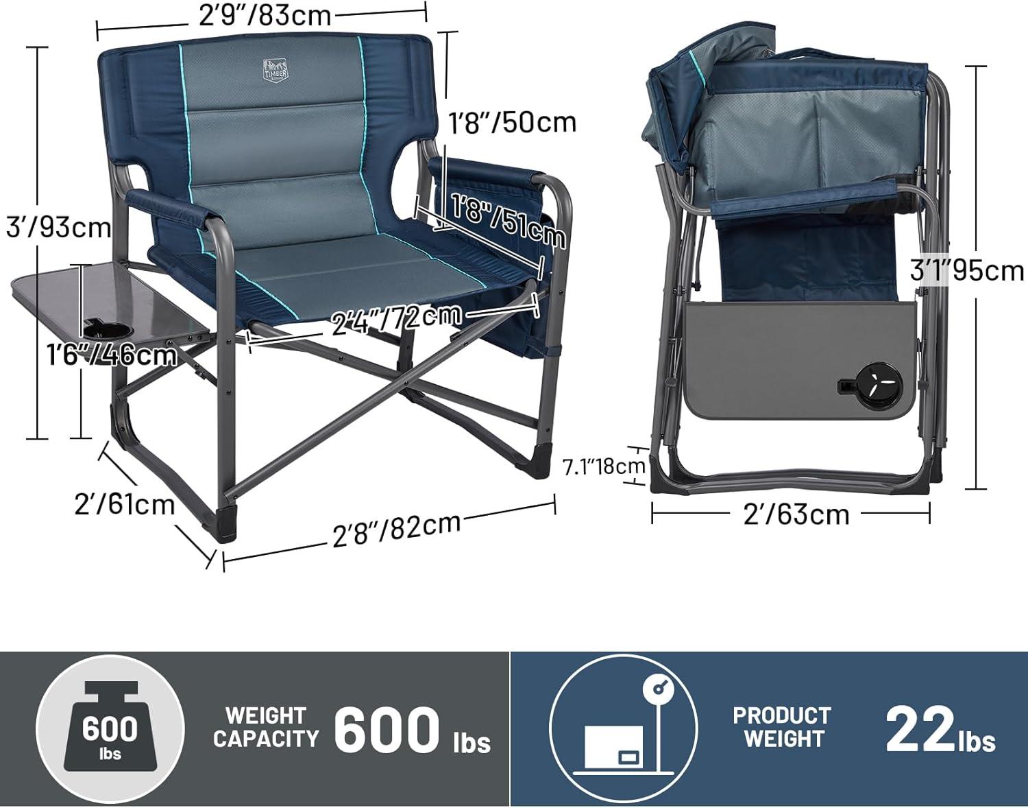 image:imageTimber Ridge XXL Upgraded Oversized Directors Chairs with Foldable Side Table Detachable Side Pocket Heavy Duty Folding Camping Chair up to 600 Lbs Weight Capacity Blue Ideal GiftBlue