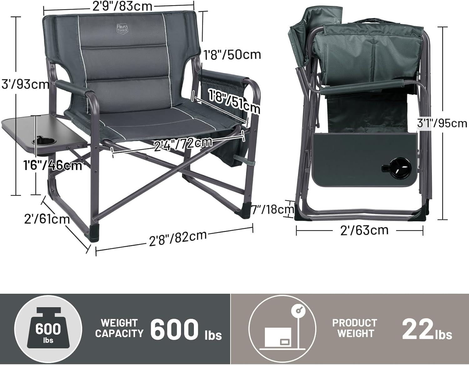 image:imageTimber Ridge XXL Upgraded Oversized Directors Chairs with Foldable Side Table Detachable Side Pocket Heavy Duty Folding Camping Chair up to 600 Lbs Weight Capacity Blue Ideal GiftDark Grey2 Pack