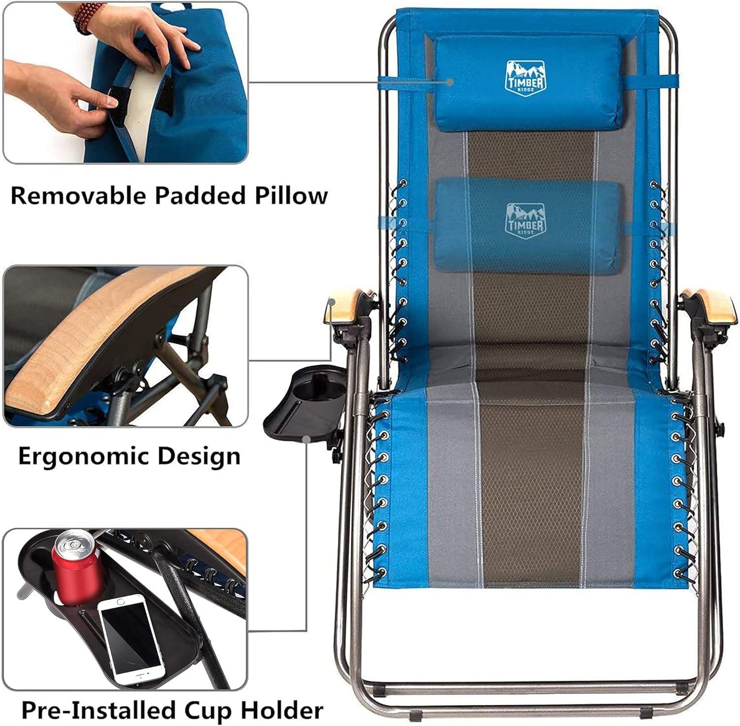 image:imageTimber Ridge Zero Gravity Chair Oversized Recliner Padded Folding Patio Lounge Chair 350lbs Capacity Adjustable Lawn Chair with Cup Holder Headrest for Outdoor Camping Patio LawnBlue