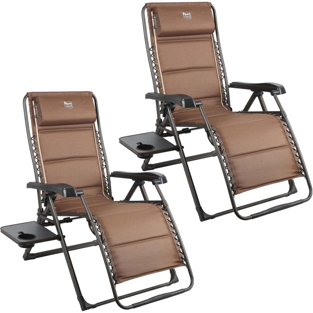image:imageTIMBER RIDGE Aluminum Zero Gravity Chairs Folding Recliner Chair Padded with Cup Holder and Headrest Adjustable Lounge Reclining Chair for Outdoor Camping Lawn Patio Indoor Supports 350lbs Brown2 Pack