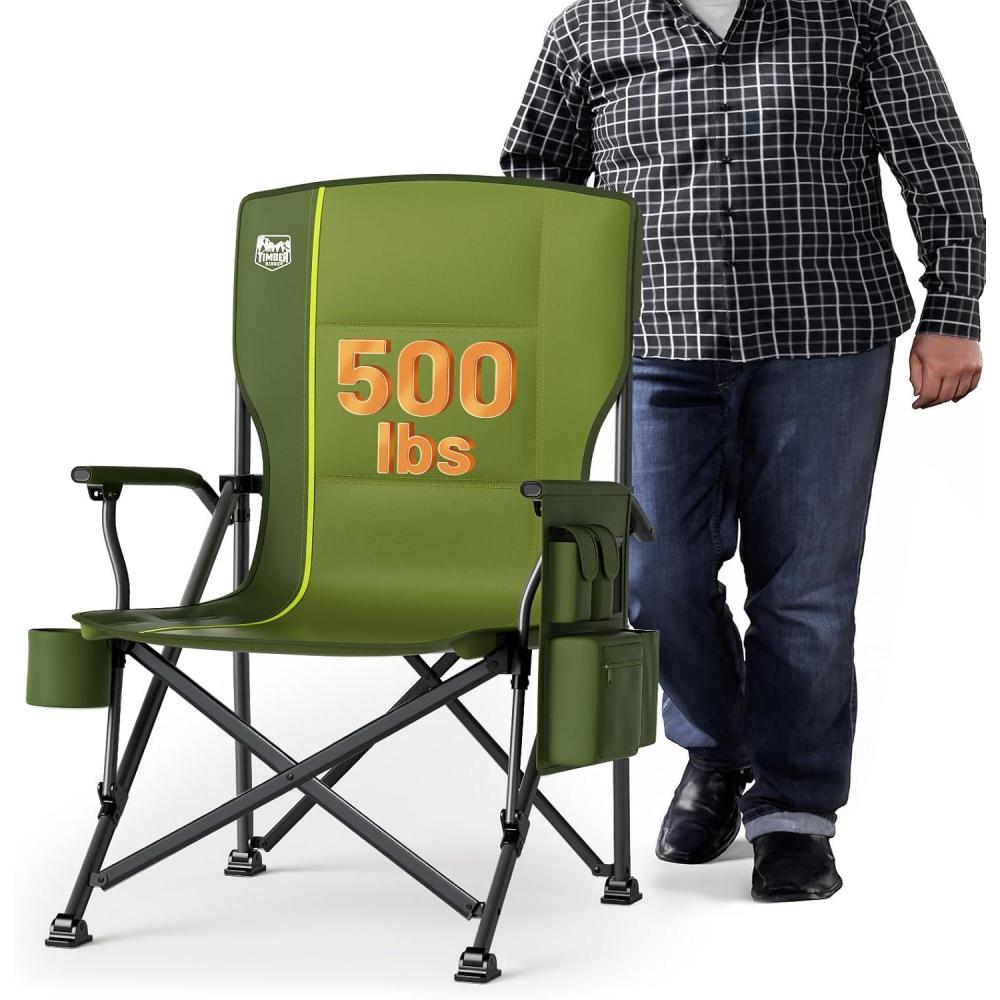 image:imageTIMBER RIDGE Oversized Folding Camping Chair High Back Heavy Duty for Adults Support up to 500lbs with Cup Holder Side Pocket Cooler BagGreen