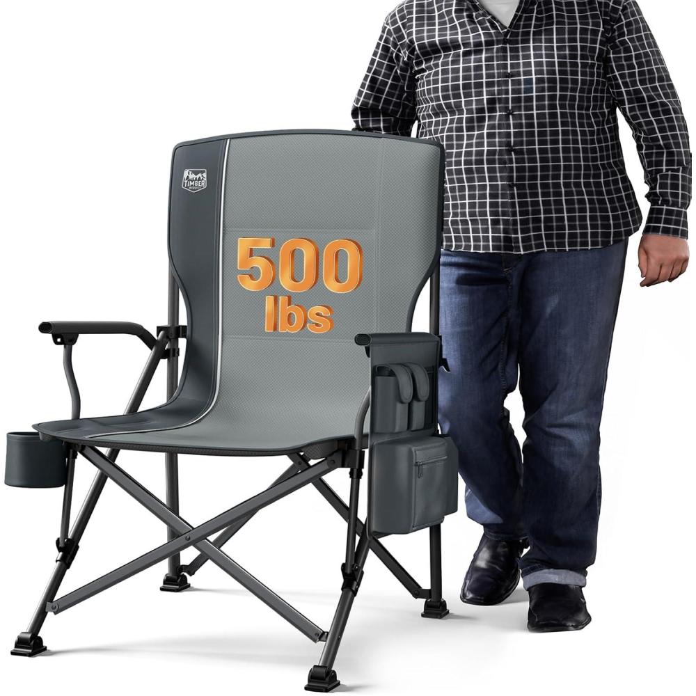 image:imageTIMBER RIDGE Oversized Folding Camping Chair High Back Heavy Duty for Adults Support up to 500lbs with Cup Holder Side Pocket Cooler BagGrey