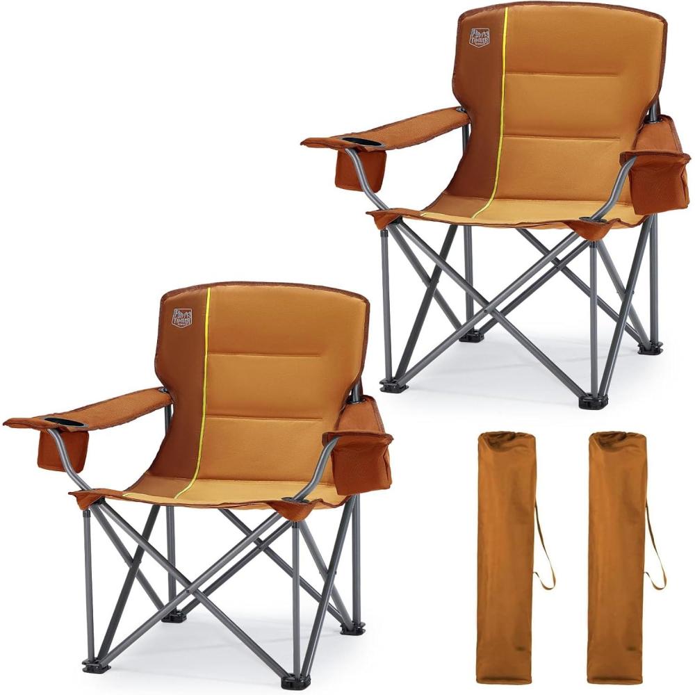 image:imageTIMBER RIDGE Oversized Folding Camping Chair for Adults Support 550 LBS Heavy Duty with Cup Holder Side Pocket for Camping Lawn Picnic GreyOrange2 Pack