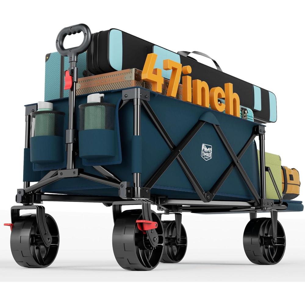 image:imageTimber Ridge 47 L Collapsible Wagon with Tailgate amp Brake 300 lbs Heavy Duty Beach Wagon with AllTerrain Big Wheels 250L Foldable Utility Cart for Sand Camping Sports Shopping BlueBlue