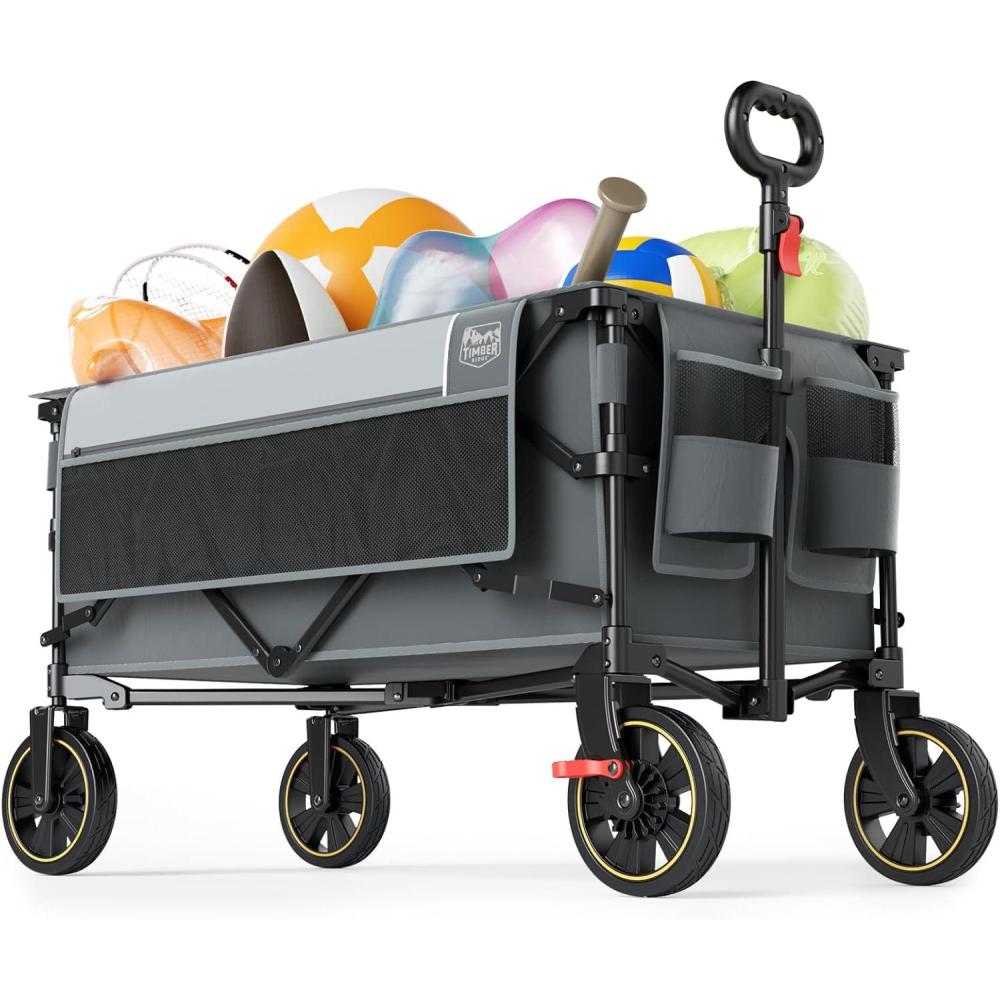 image:imageTimber Ridge 49 Extra Long Collapsible Folding Wagon with Tailgate and Brakes 300lbs Heavy Duty Foldable Wagon with Adjustable Handle 250L Capacity Portable Cart for Outdoor Camping Sports GreenGray