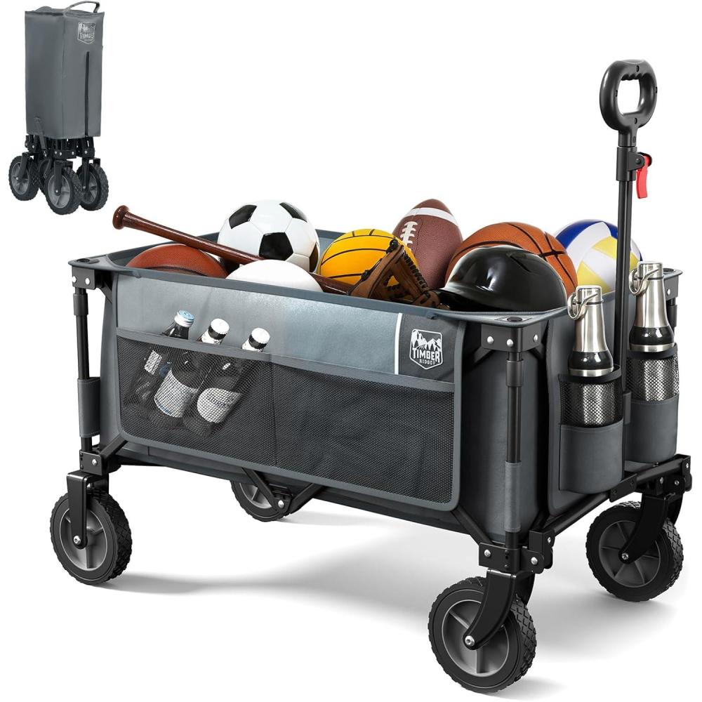 image:imageTimber Ridge Collapsible Outdoor Folding Wagon Cart Heavy Duty Camping Patio Shopping Garden Cart with Side Bag Cup Holder GreyGray