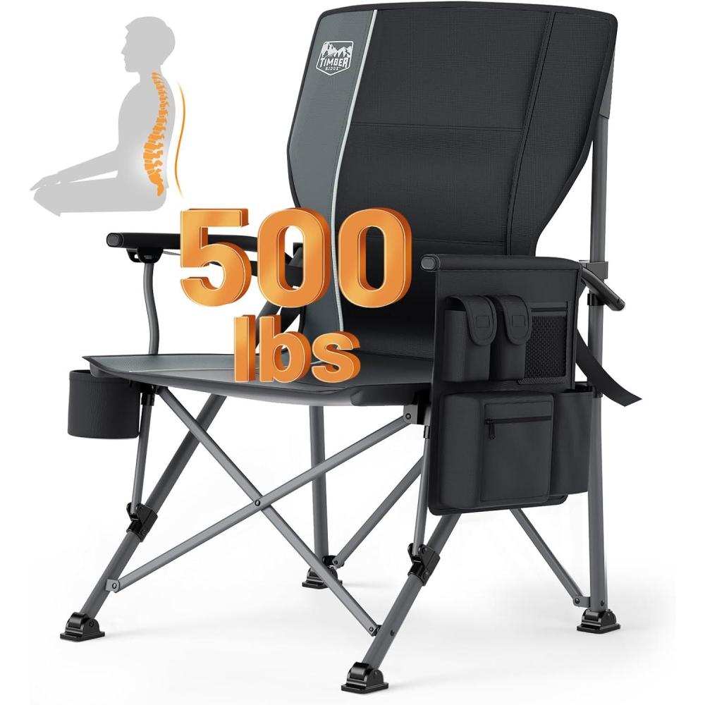 image:imageTimber Ridge Oversized Folding Camping Chair with Lumbar Support Adjustable High Back Heavy Duty for Adults Support up to 500lbs with Cup Holder Cooler Bag Side Pocket BlueAluminum Lumbar Support Black