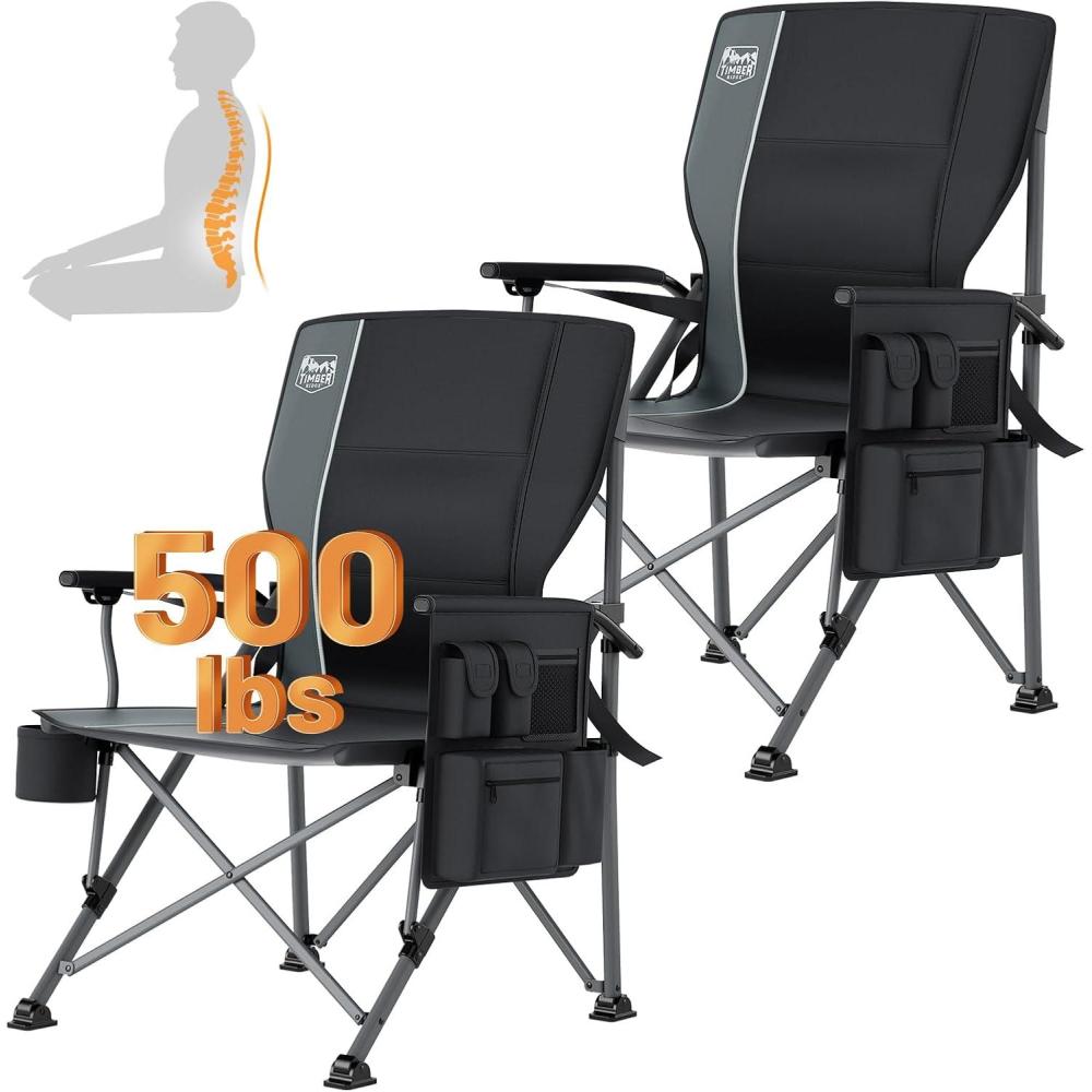 image:imageTimber Ridge Oversized Folding Camping Chair with Lumbar Support Adjustable High Back Heavy Duty for Adults Support up to 500lbs with Cup Holder Cooler Bag Side Pocket BlueAluminum Lumbar Support Black2 Set