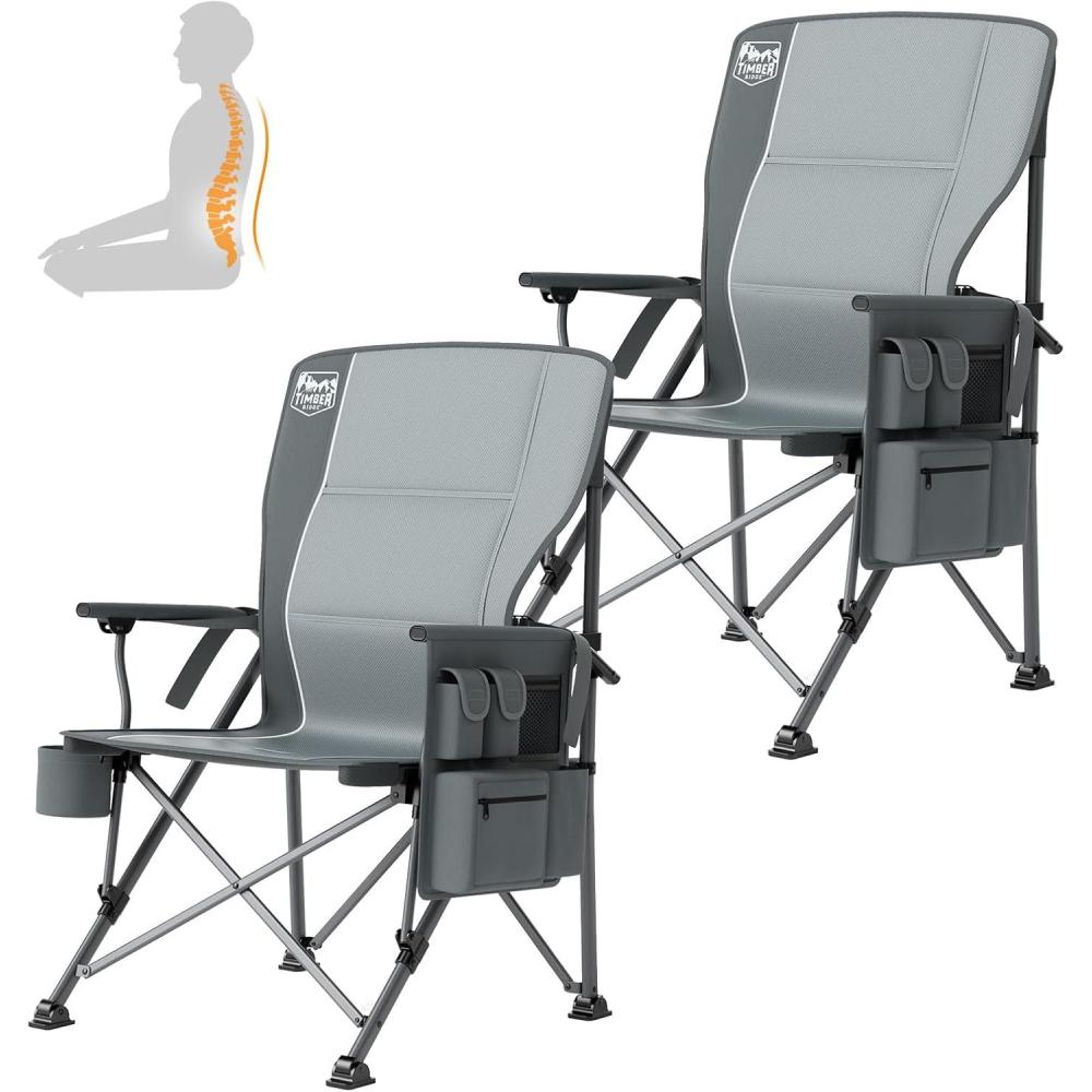image:imageTimber Ridge Oversized Folding Camping Chair with Lumbar Support Adjustable High Back Heavy Duty for Adults Support up to 500lbs with Cup Holder Cooler Bag Side Pocket BlueLumbar Support Grey2 Set