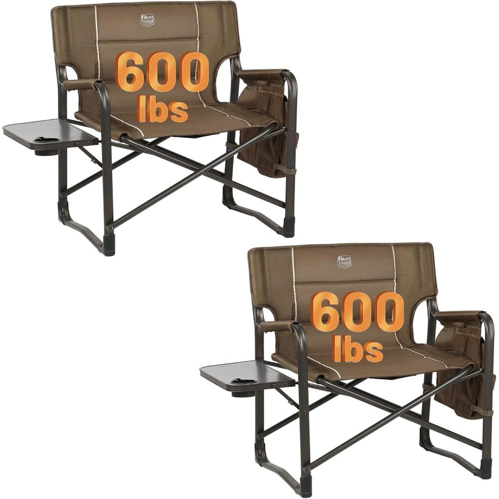 image:imageTimber Ridge XXL Upgraded Oversized Directors Chairs with Foldable Side Table Detachable Side Pocket Heavy Duty Folding Camping Chair up to 600 Lbs Weight Capacity Blue Ideal GiftBrown2 Pack